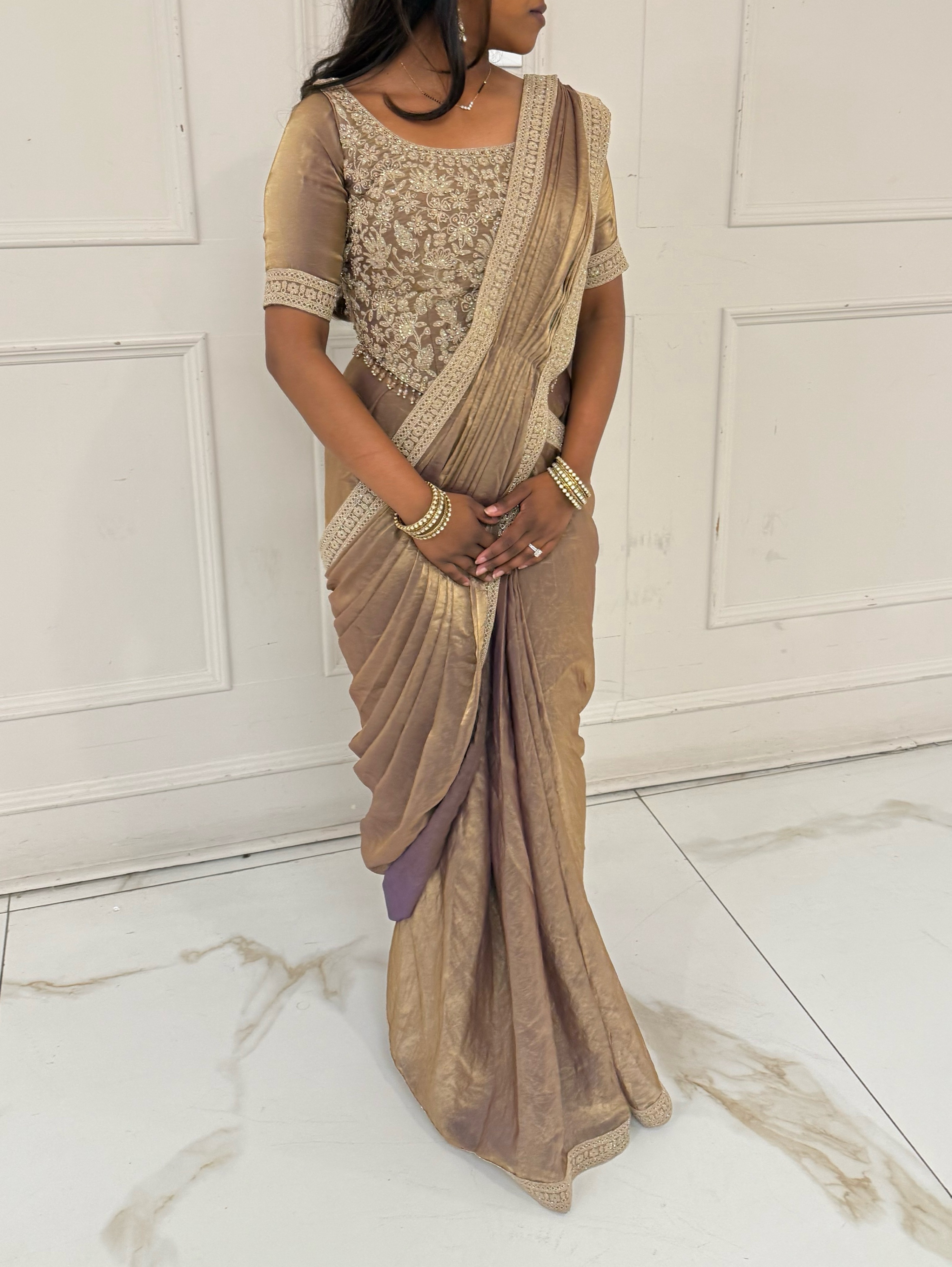 Brown-Gold Prepleated Saree