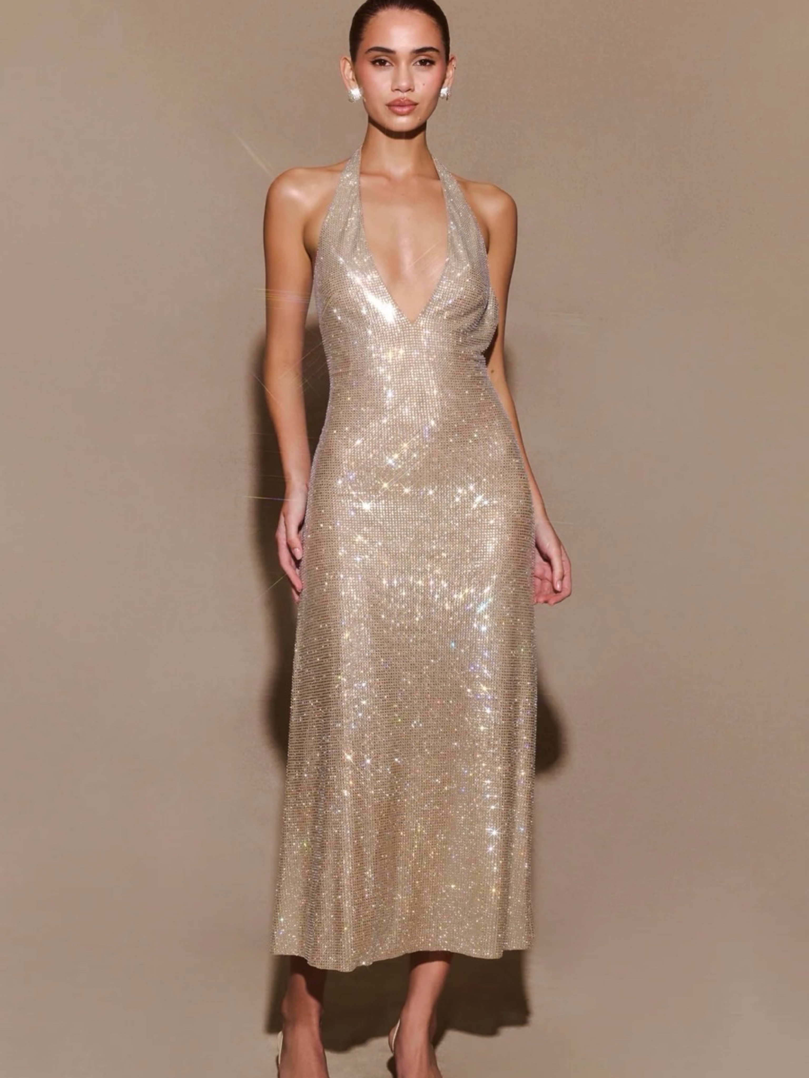 Meshki Diamante Halter Midi Dress - Nude