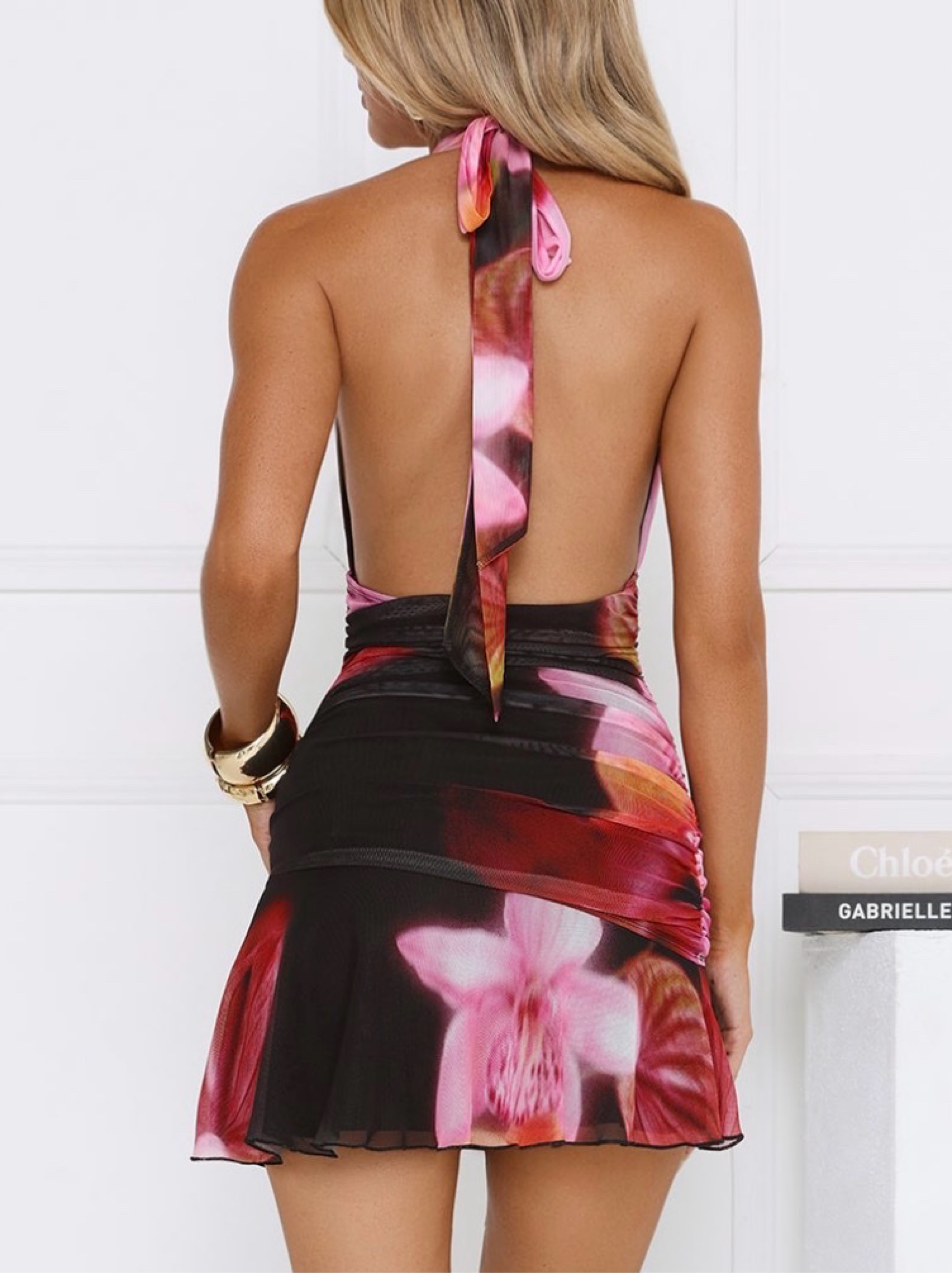 floral print halter backless mini dress Floral Print Halter Mini Halter dress with O-Ring and Cut-out Backless Frill Hem for Women