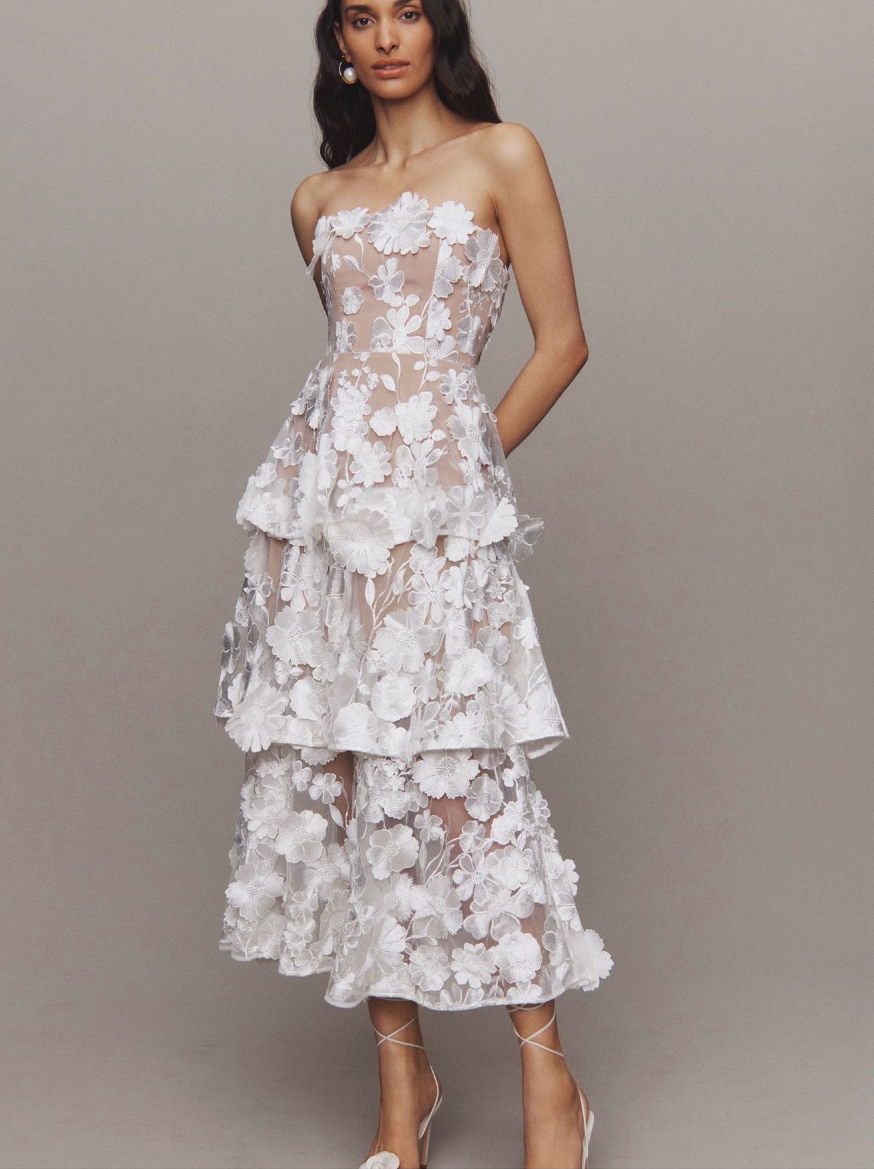 Strapless 3D Floral Lace Tiered Maxi Dress