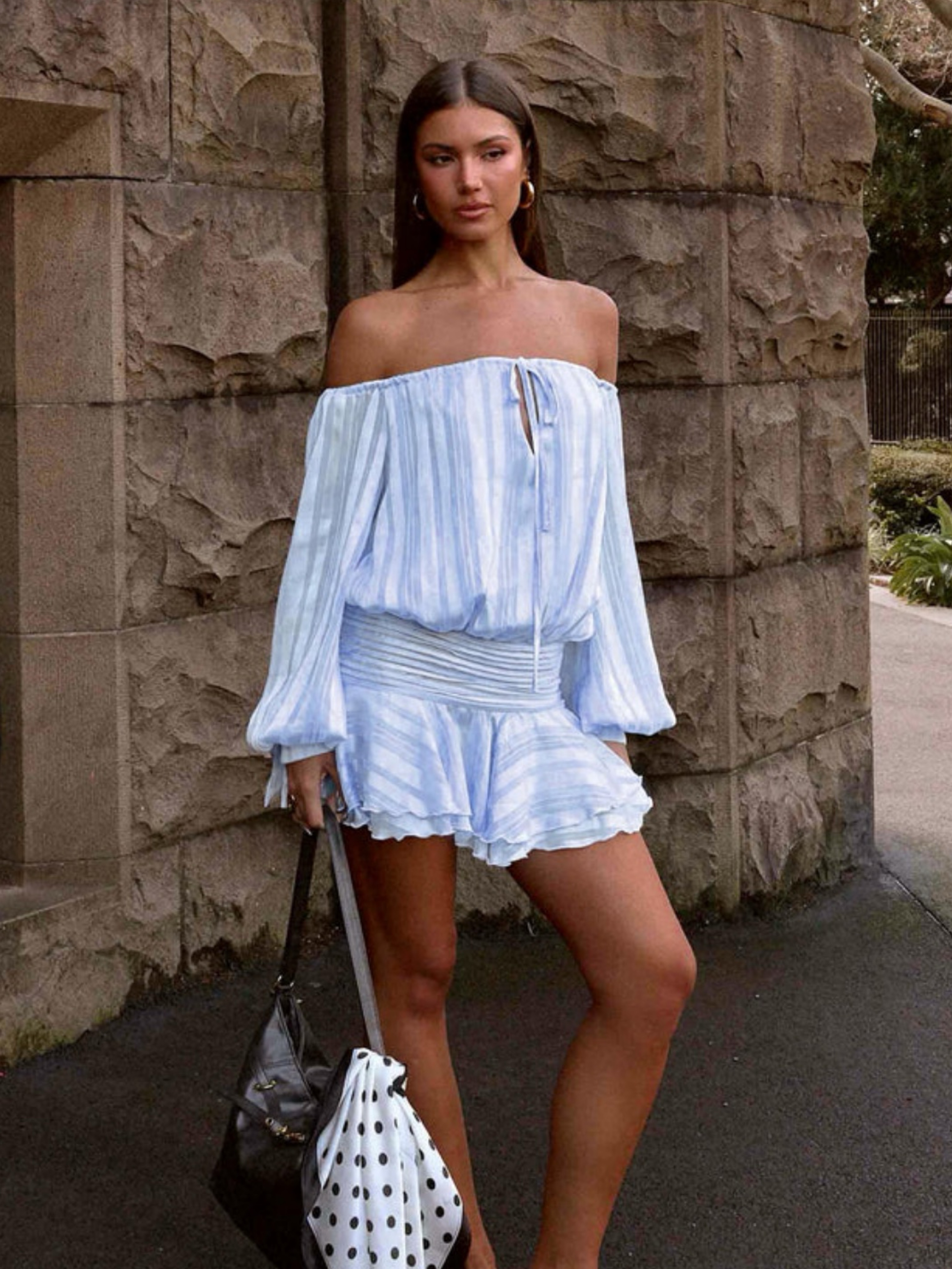 Light Blue Pleated Off-Shoulder Mini Dress