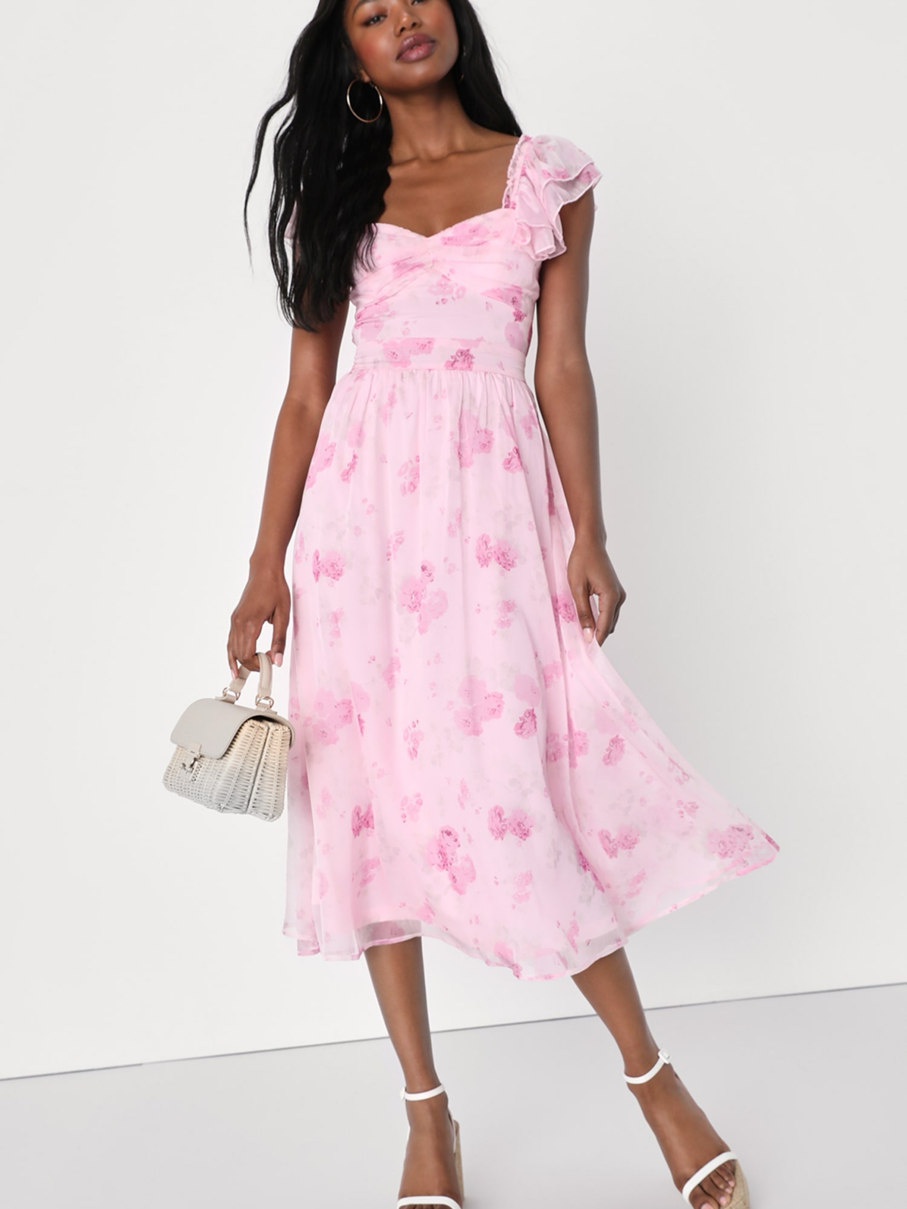 Pink Floral Chiffon Midi Dress