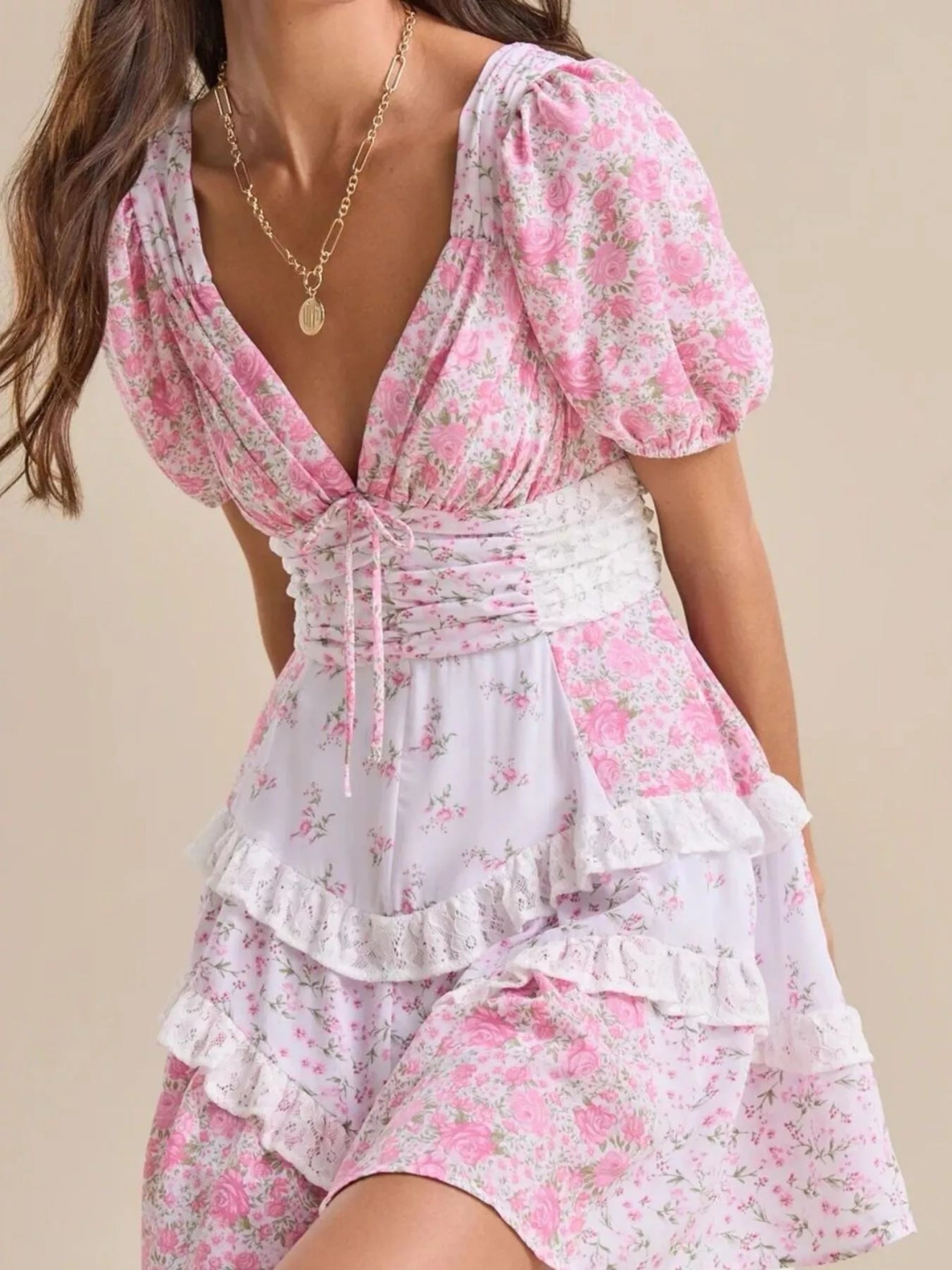 Pink Floral Ruched Mini Dress