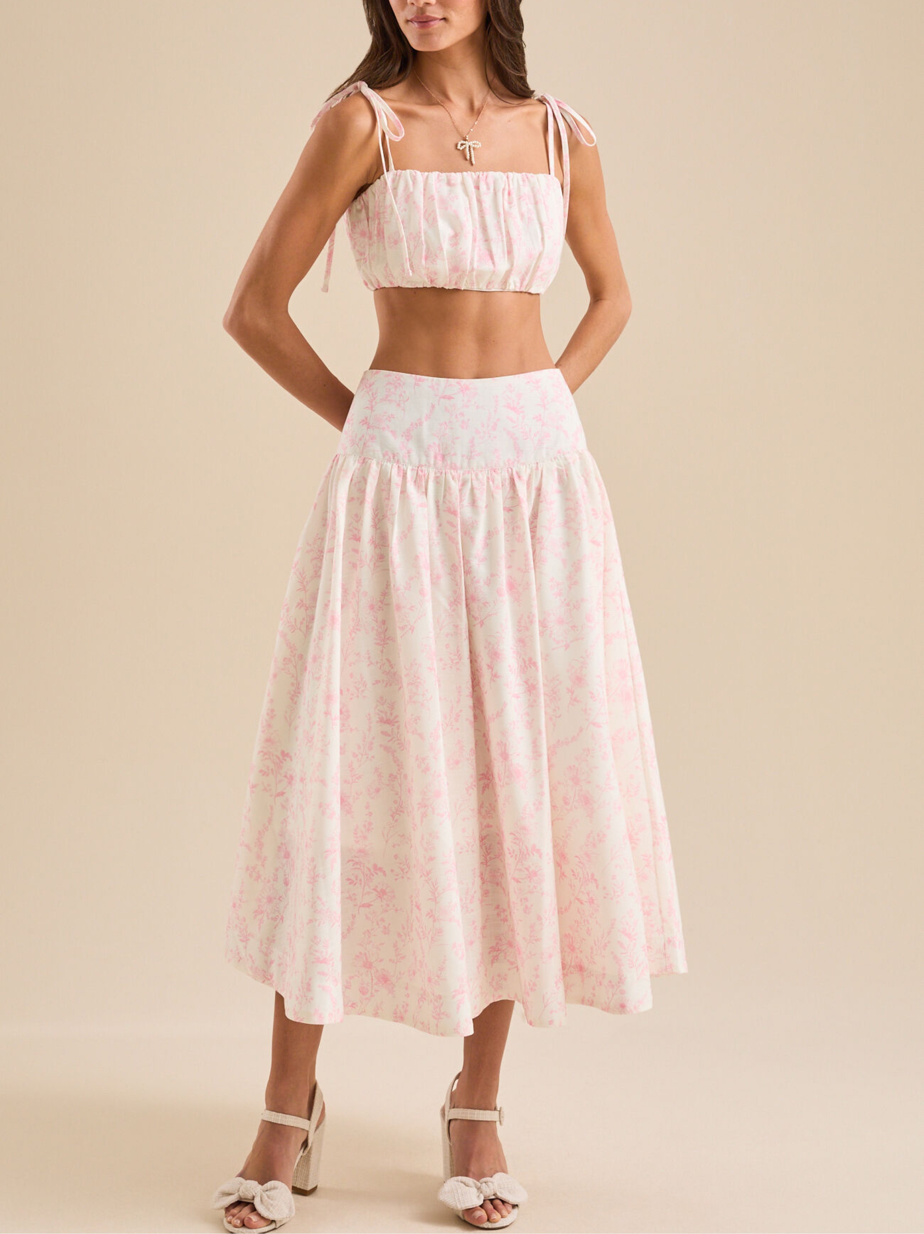 Pink Floral Two-Piece Crop Top Skirt Set