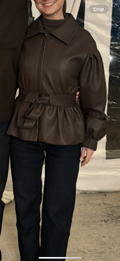 Brown Leather Jacket w Wrap Tie by Marie Oliver | Pickle