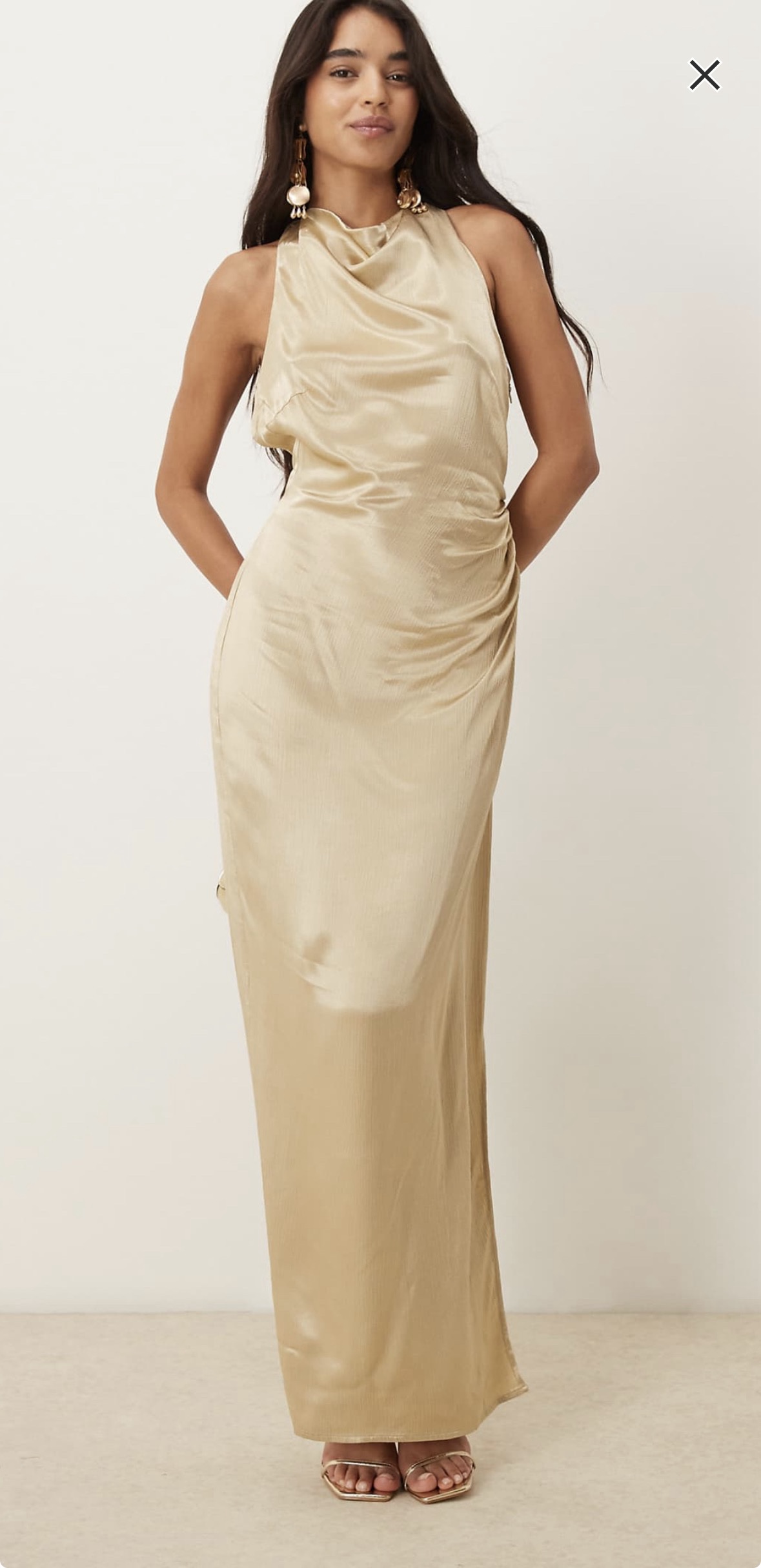 gold satin dress asos ASOS High Neck Drape Maxi Satin Dress With Tucked Detail in Metallic