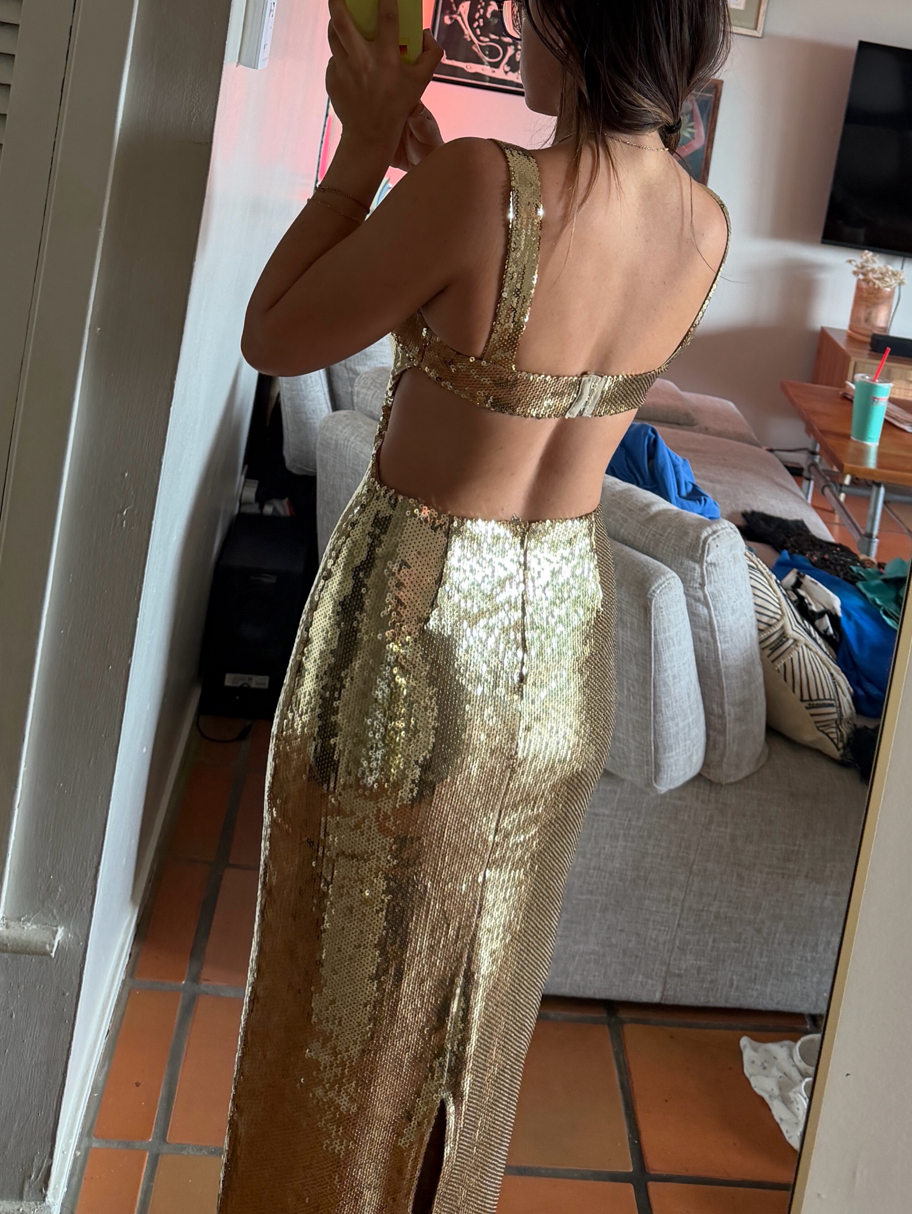 meshki gold shimmer dress Adoria Sequin Cut Out Maxi Dress / Gold | MESHKI