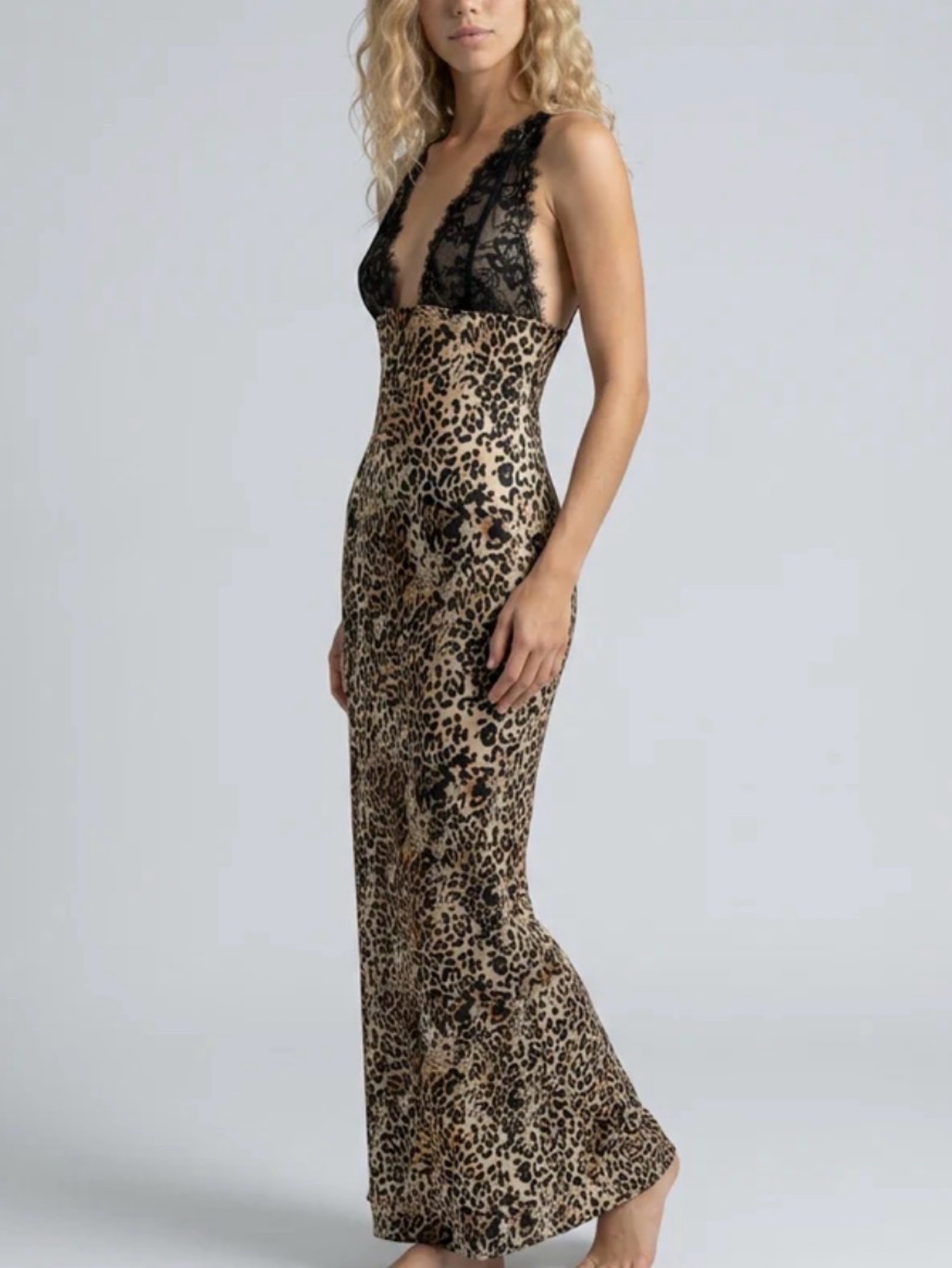 Black Lace Top Cheetah Print Maxi Dress by Other