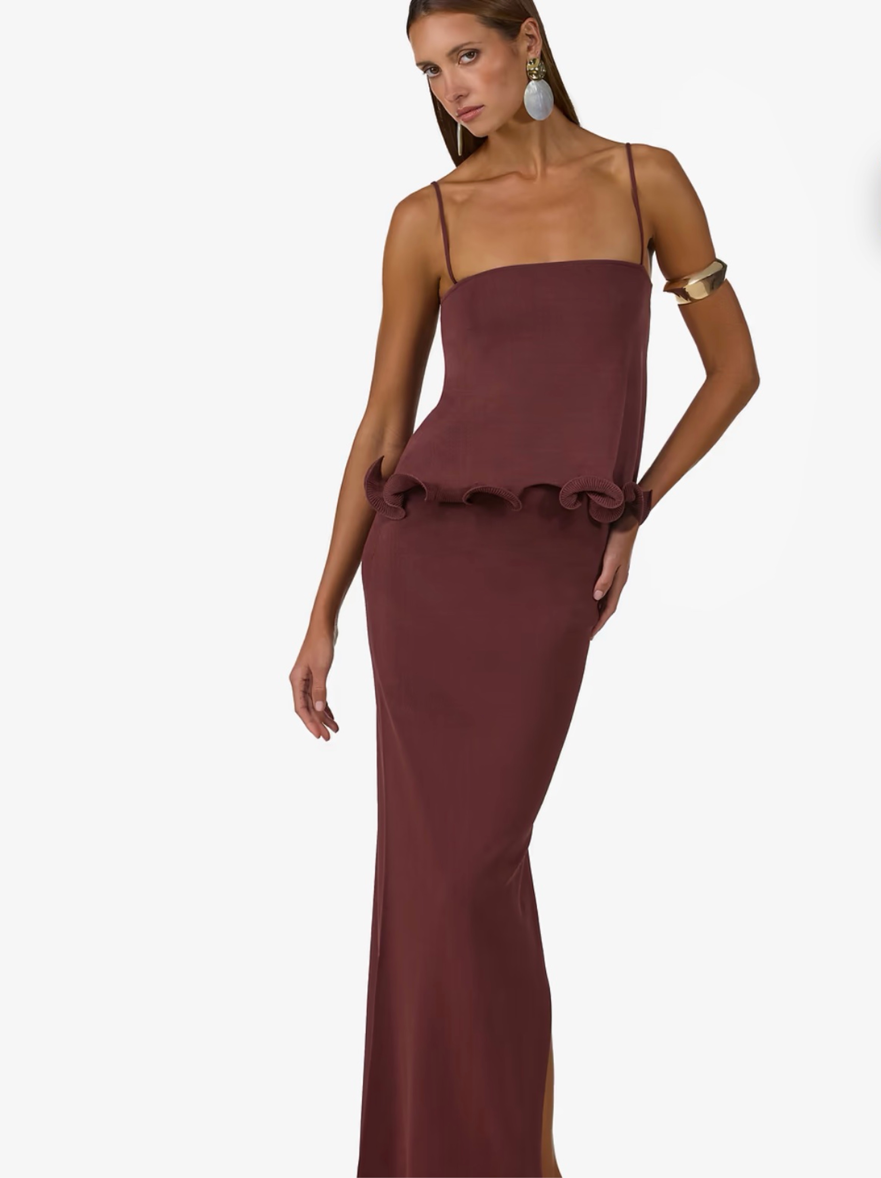 SAME Brown ruffle hem tank top and skirt