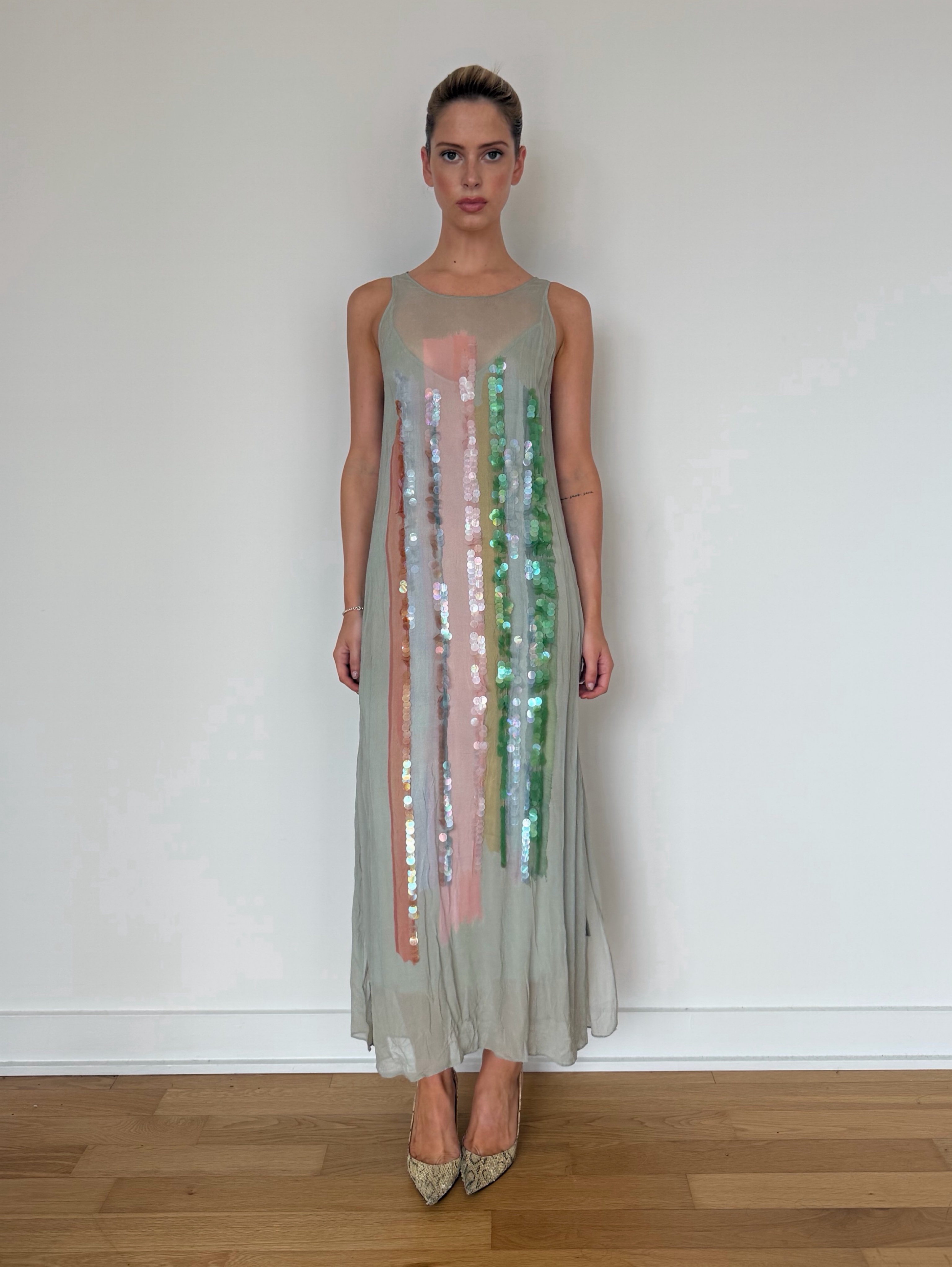 Animale Embellished Green Dress and Slip Under Dress