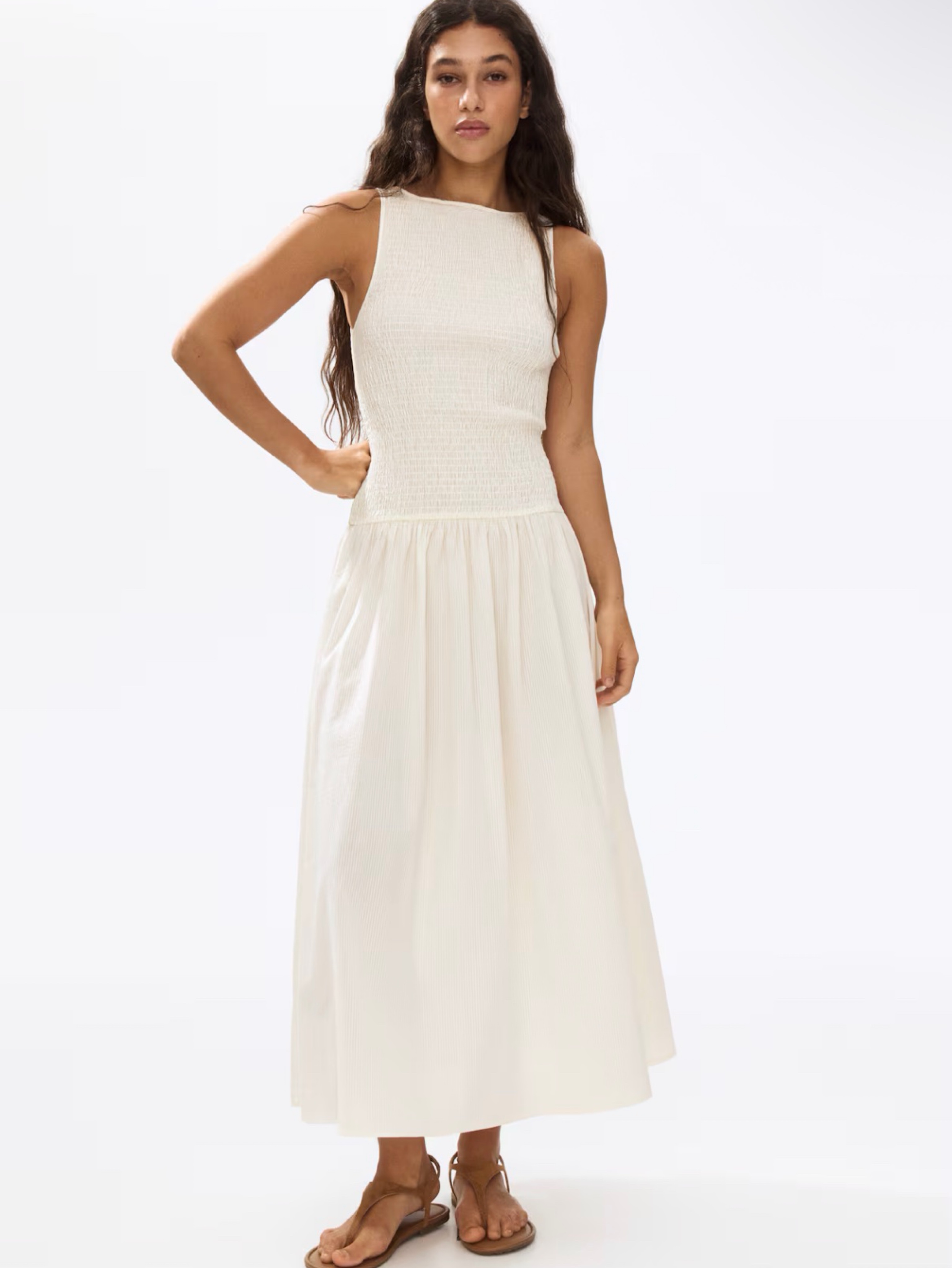 Cream Textured Pleated Midi Dress