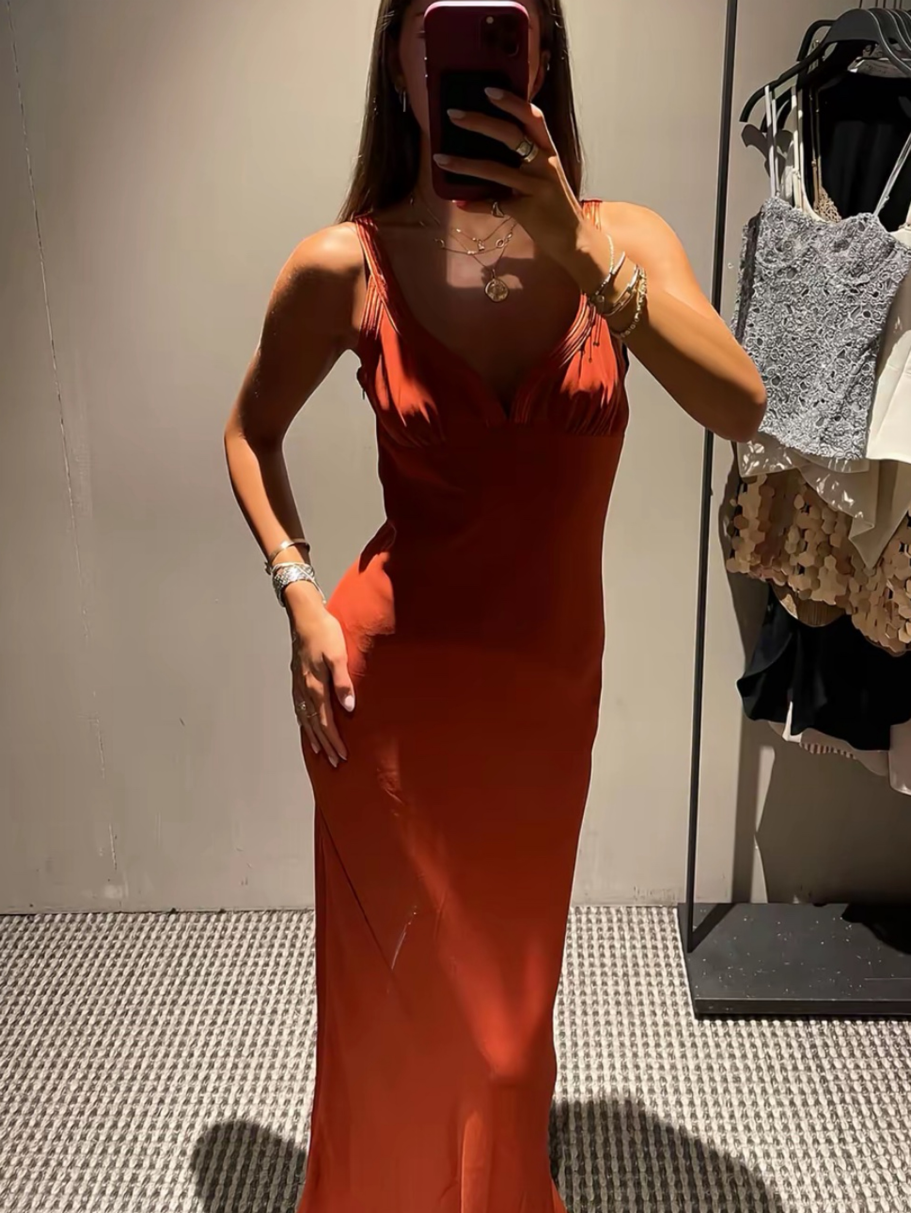 Rust Orange Pleated V-Neck Maxi Dress