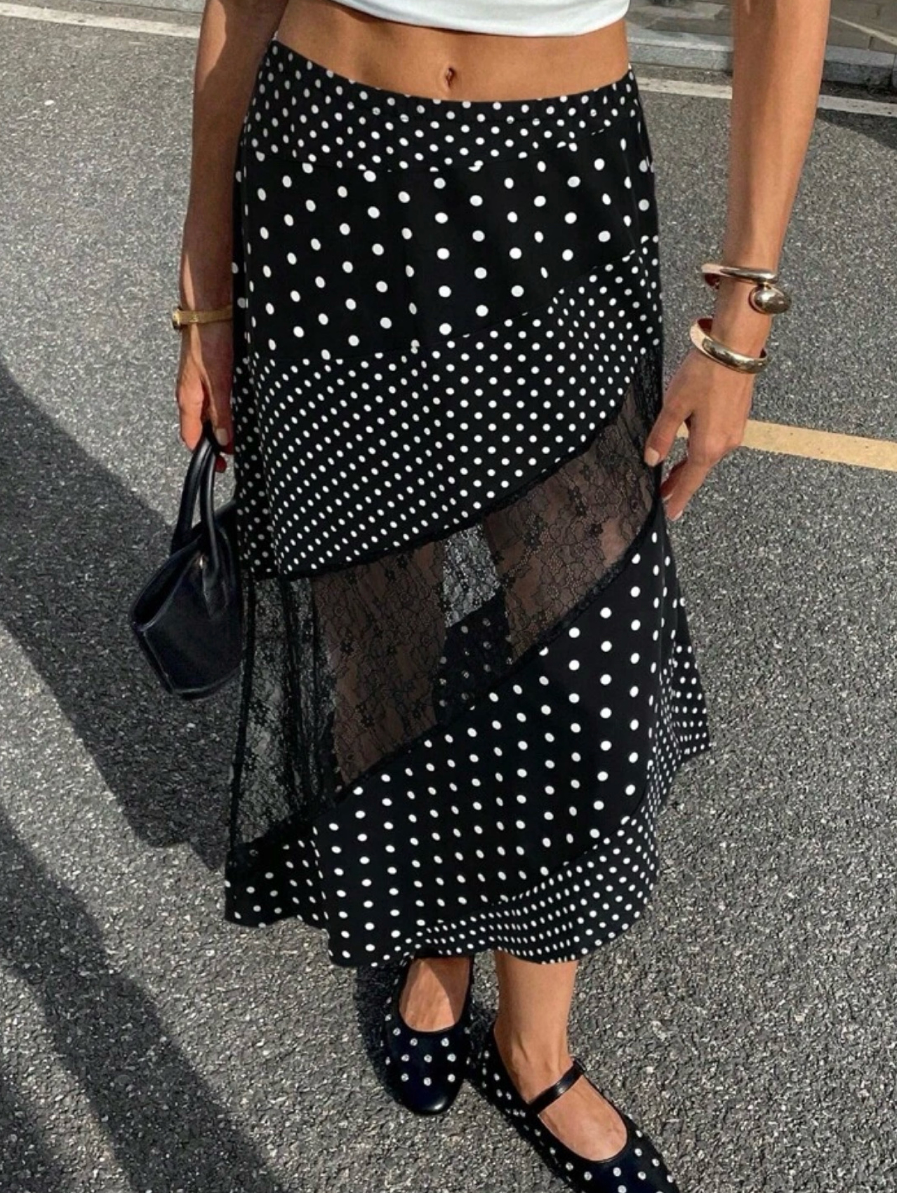 Black White Polka Dot Lace Midi Skirt by Siren gaze - Pickle