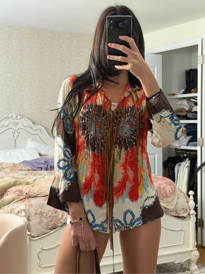 roberto cavalli シルク100% トップス 38 Vintage Roberto Cavalli SS 2004 Feather Print Silk Top by Roberto