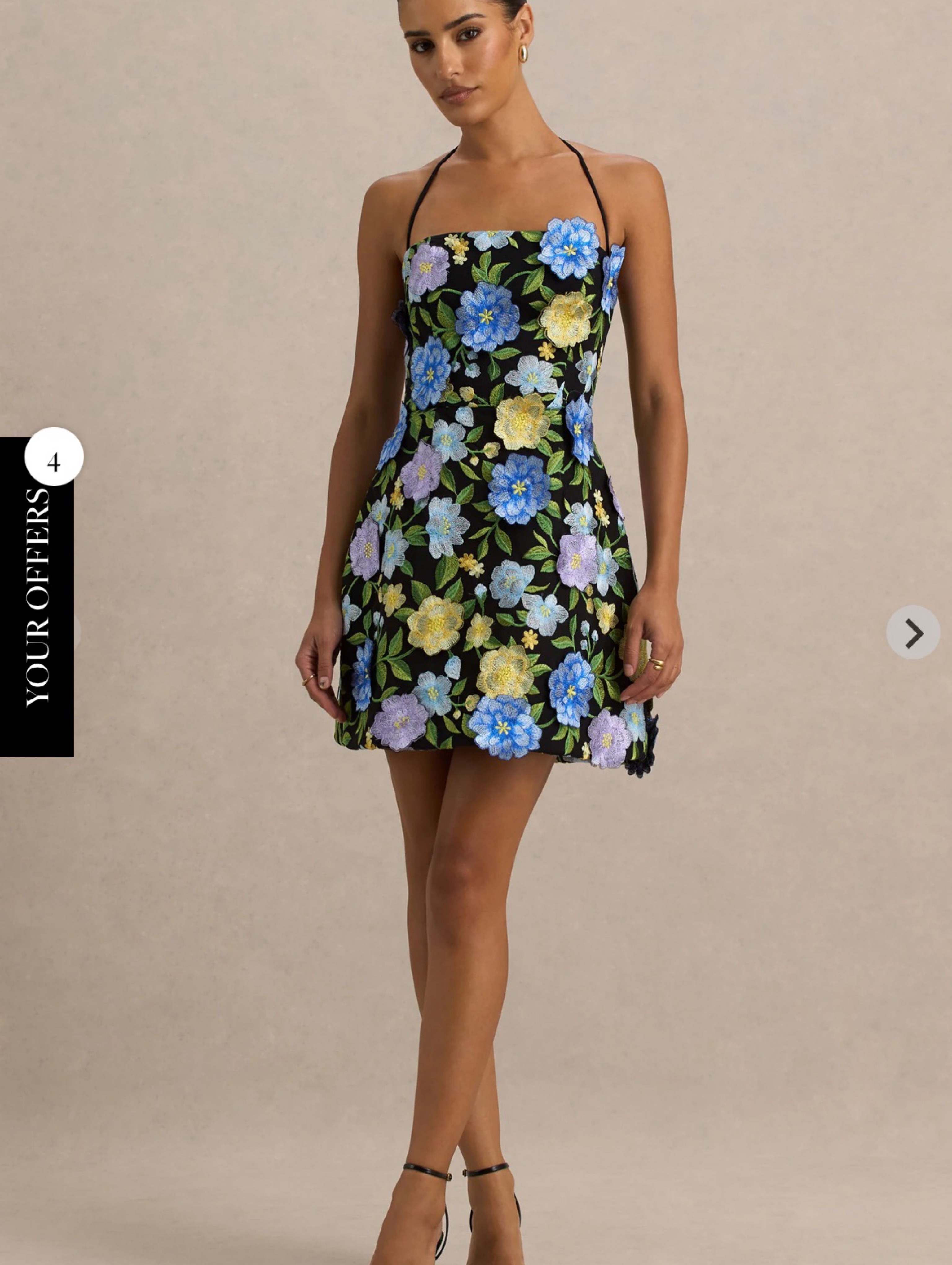 Black Floral Embellished Square-Neck Mini Dress
