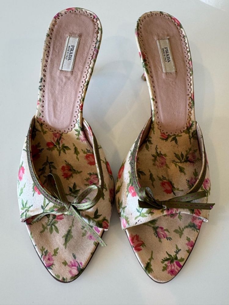 Prada floral satin mules - rose print, gold bow (EU 37.5) by Prada