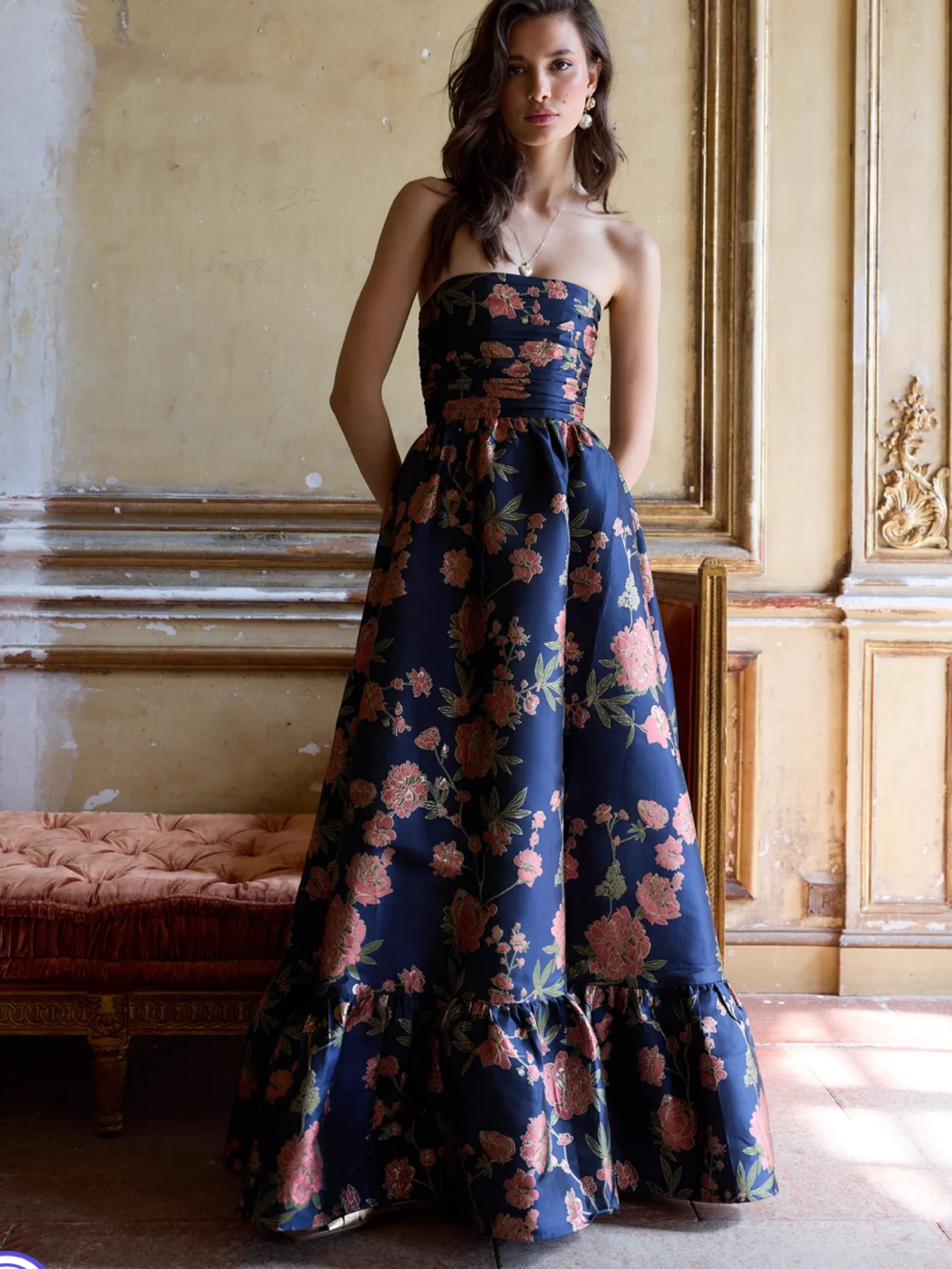 V Chapman Regina Dress Navy Tudor Rose Brocade by V Chapman | Pickle