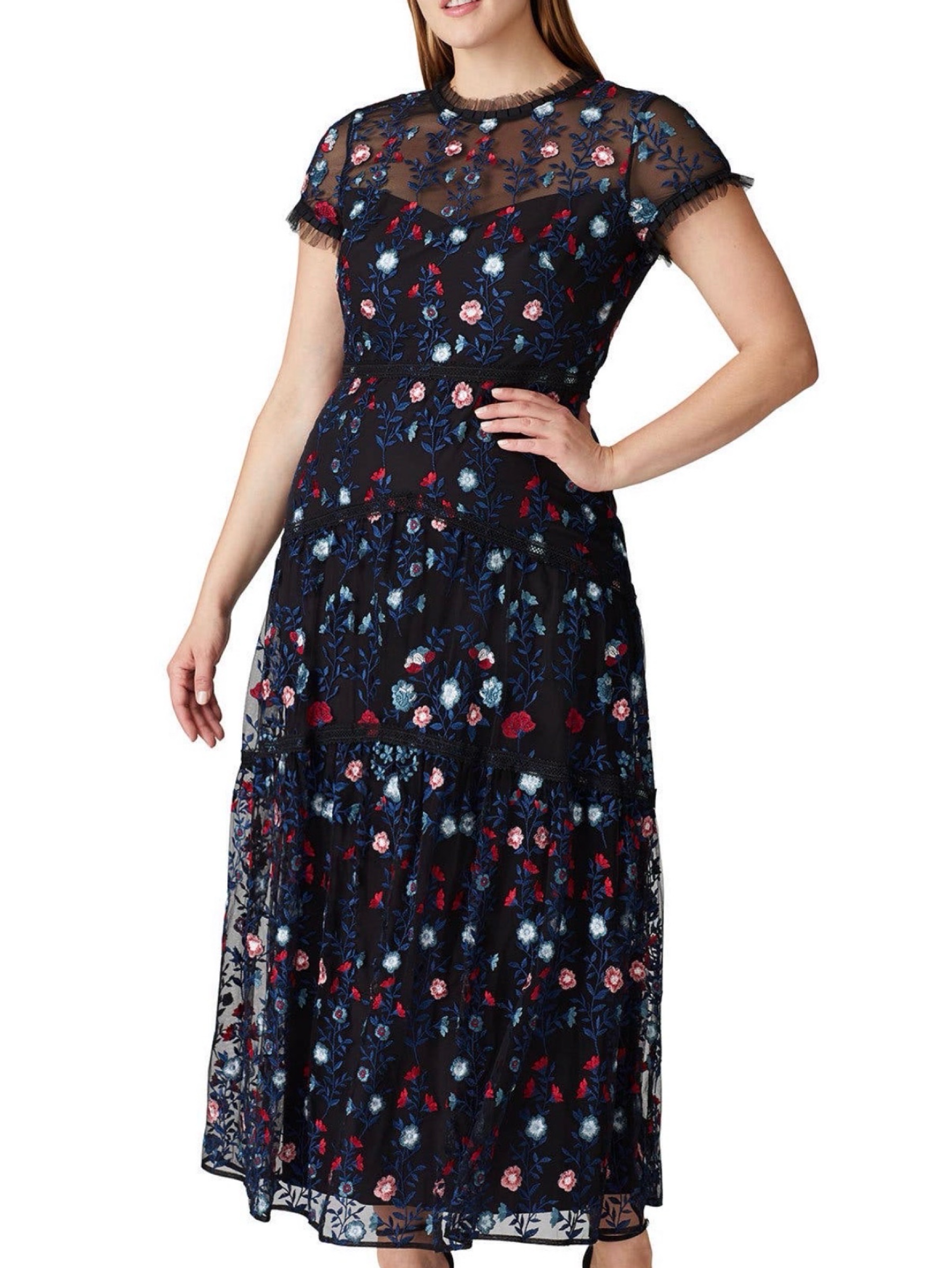 ml monique lhuillier lace short-sleeve a-line midi dress Black Floral Embroidered by concealed zipped back