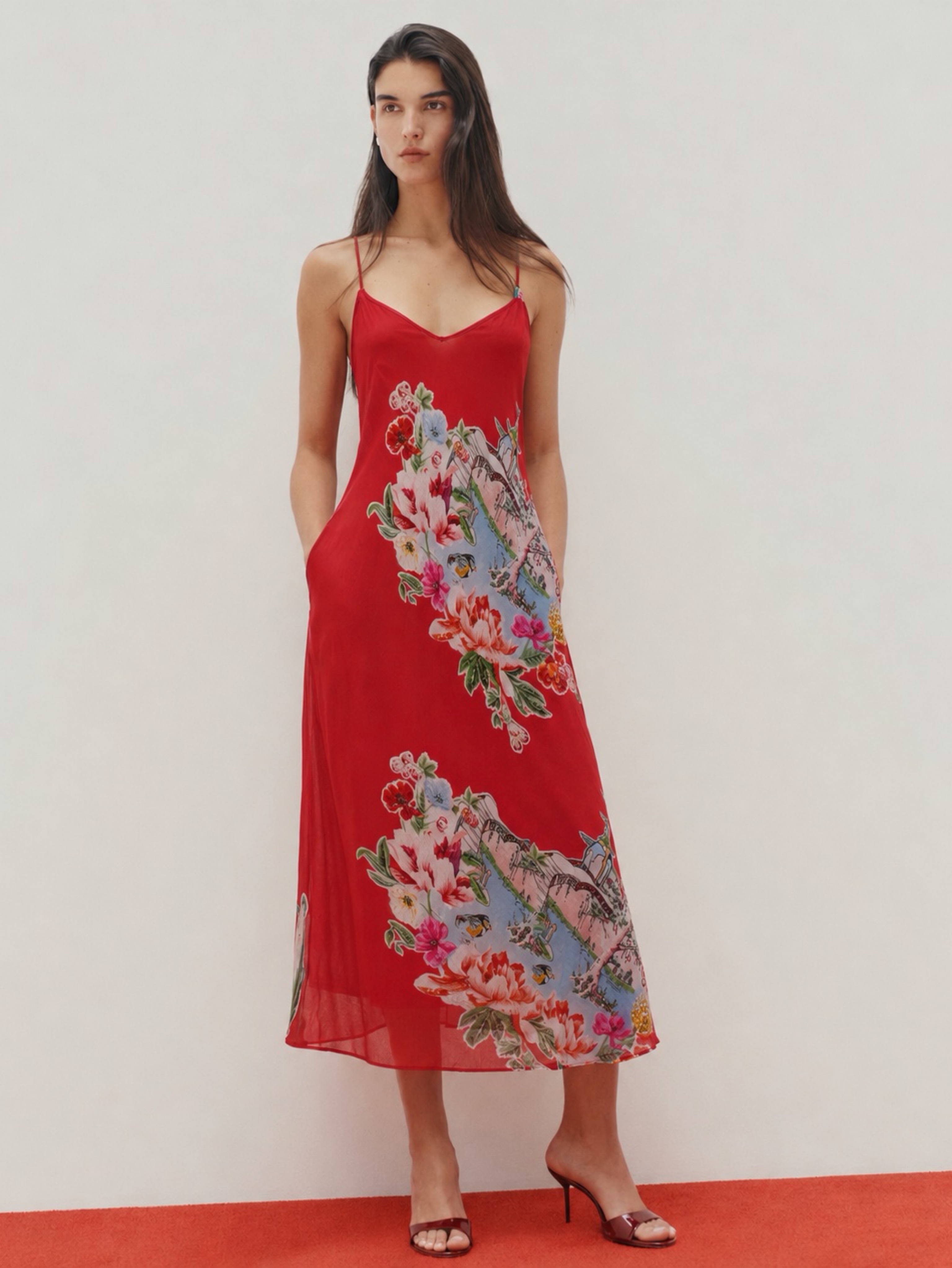 Rene Derhy Vintage Red Floral Embroidered Midi Slip Dress