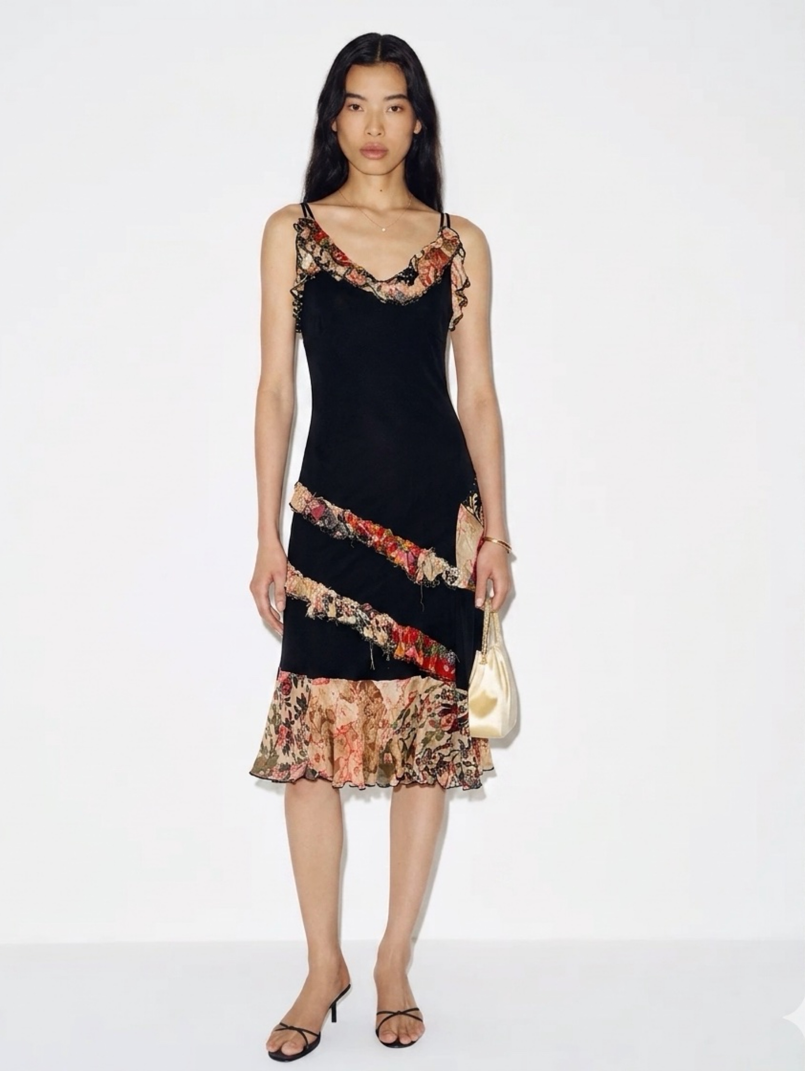 Sue Wong Iconic Black Floral Patchwork Midi Dress