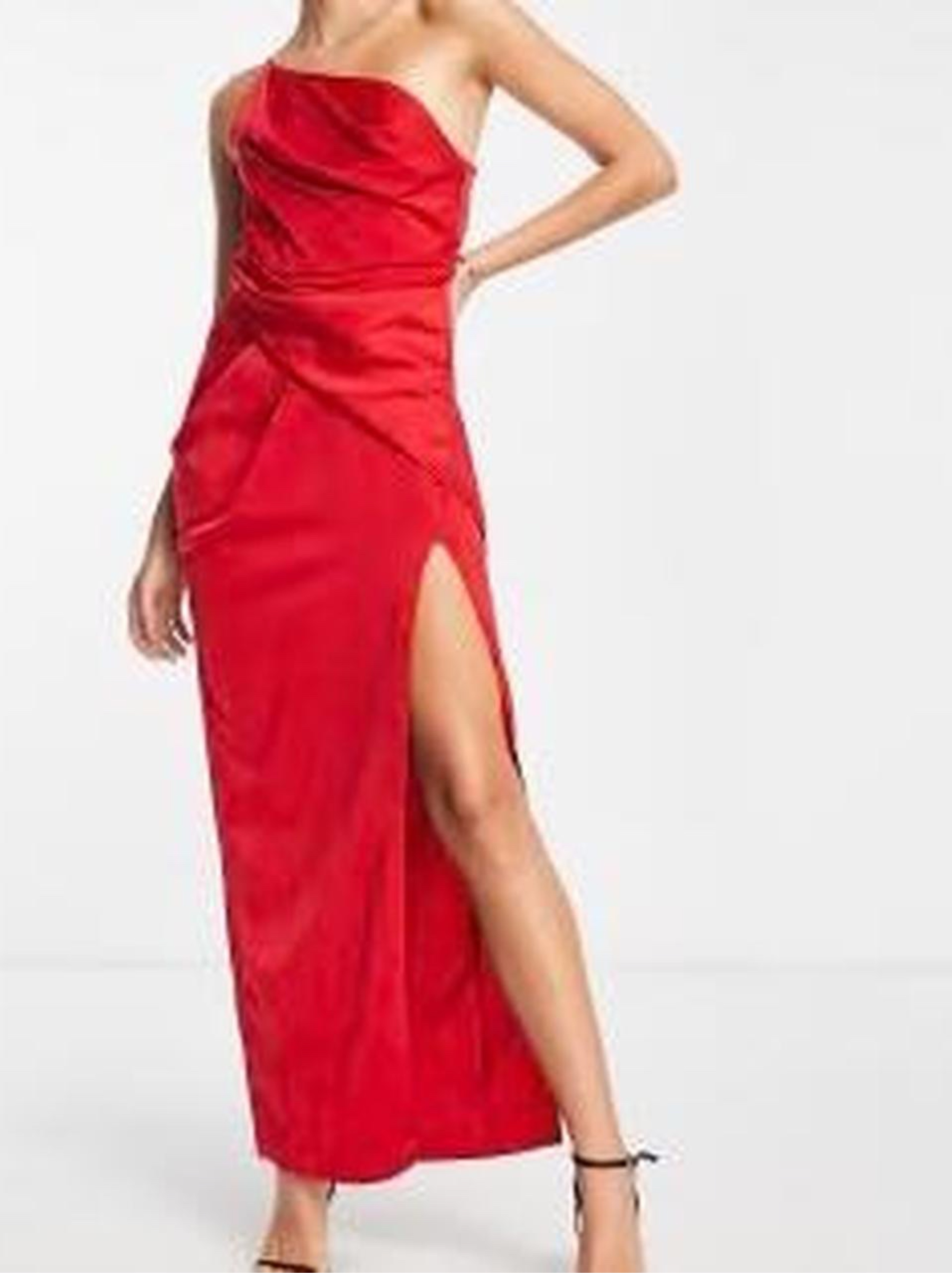asos red asymmetric dress ASOS DESIGN satin asymmetric neckline maxi dress with pleat shoulder and skirt detail in deep red