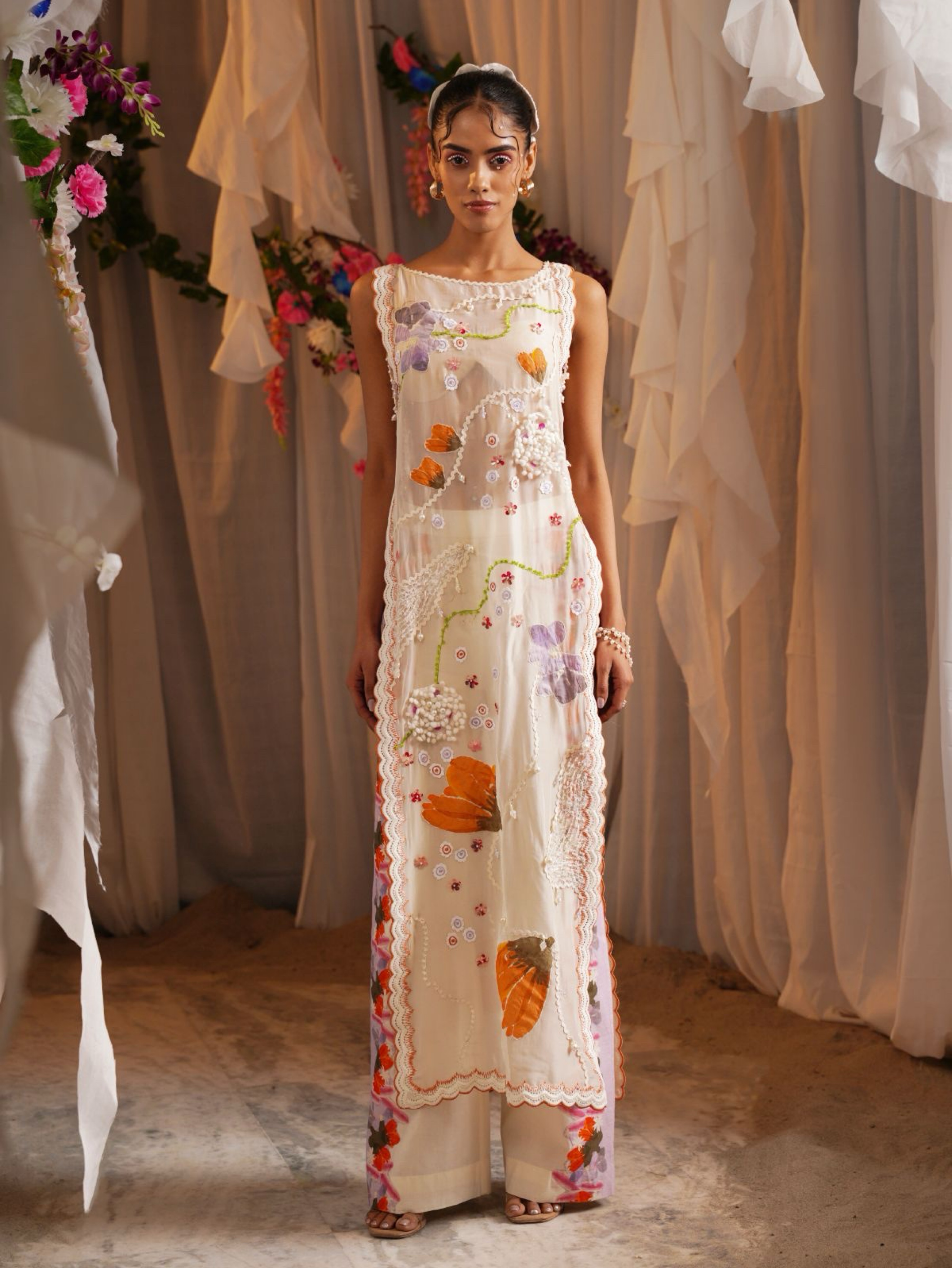 Shwetanga Patchowrk Straight Kurta With Patchwork Pants