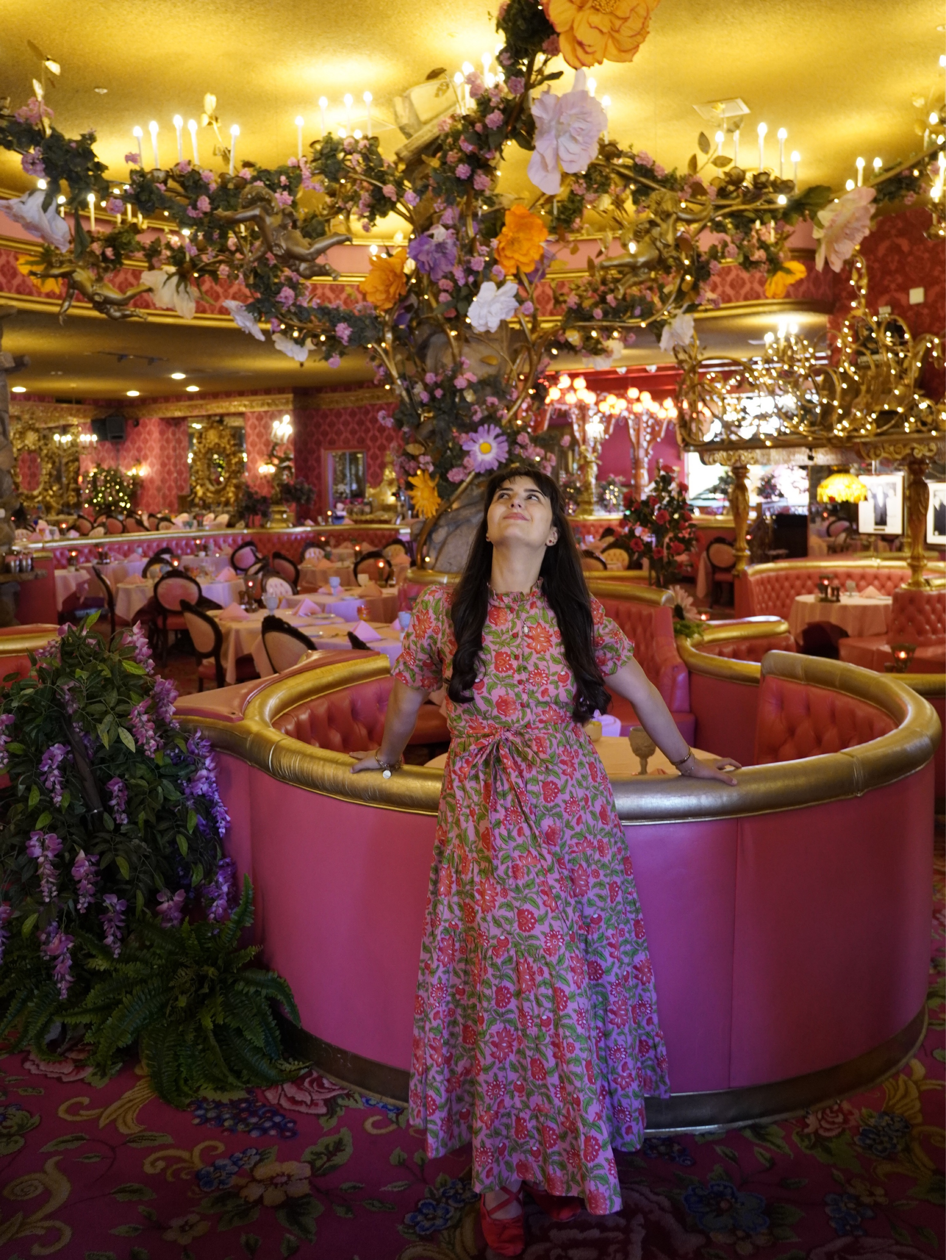 PINK CITY PRINTS. Floral dress with red buttons and wrap
