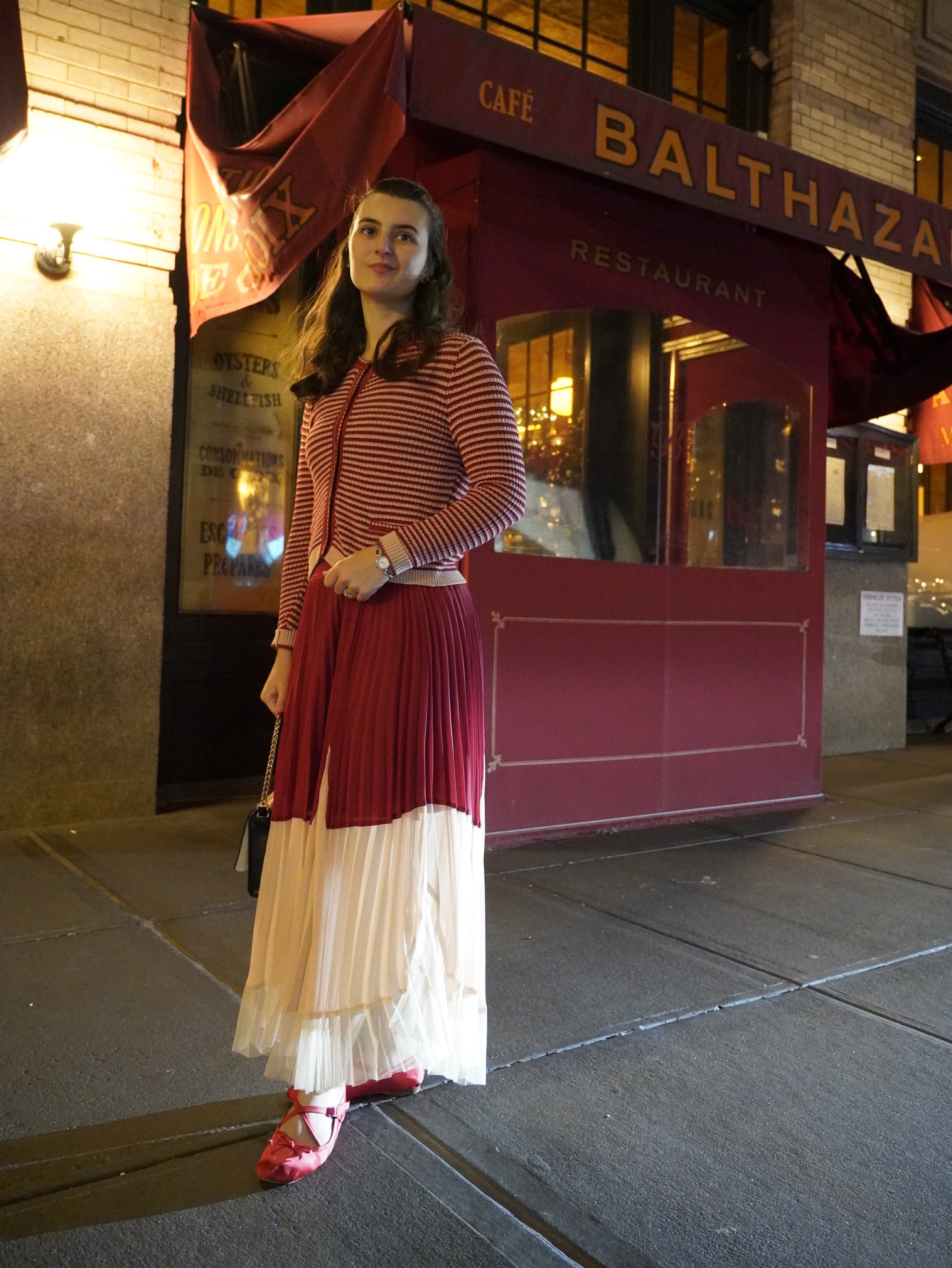 MAX & CO: Red/ Pink Striped Knit Sweater + Accordion Skirt