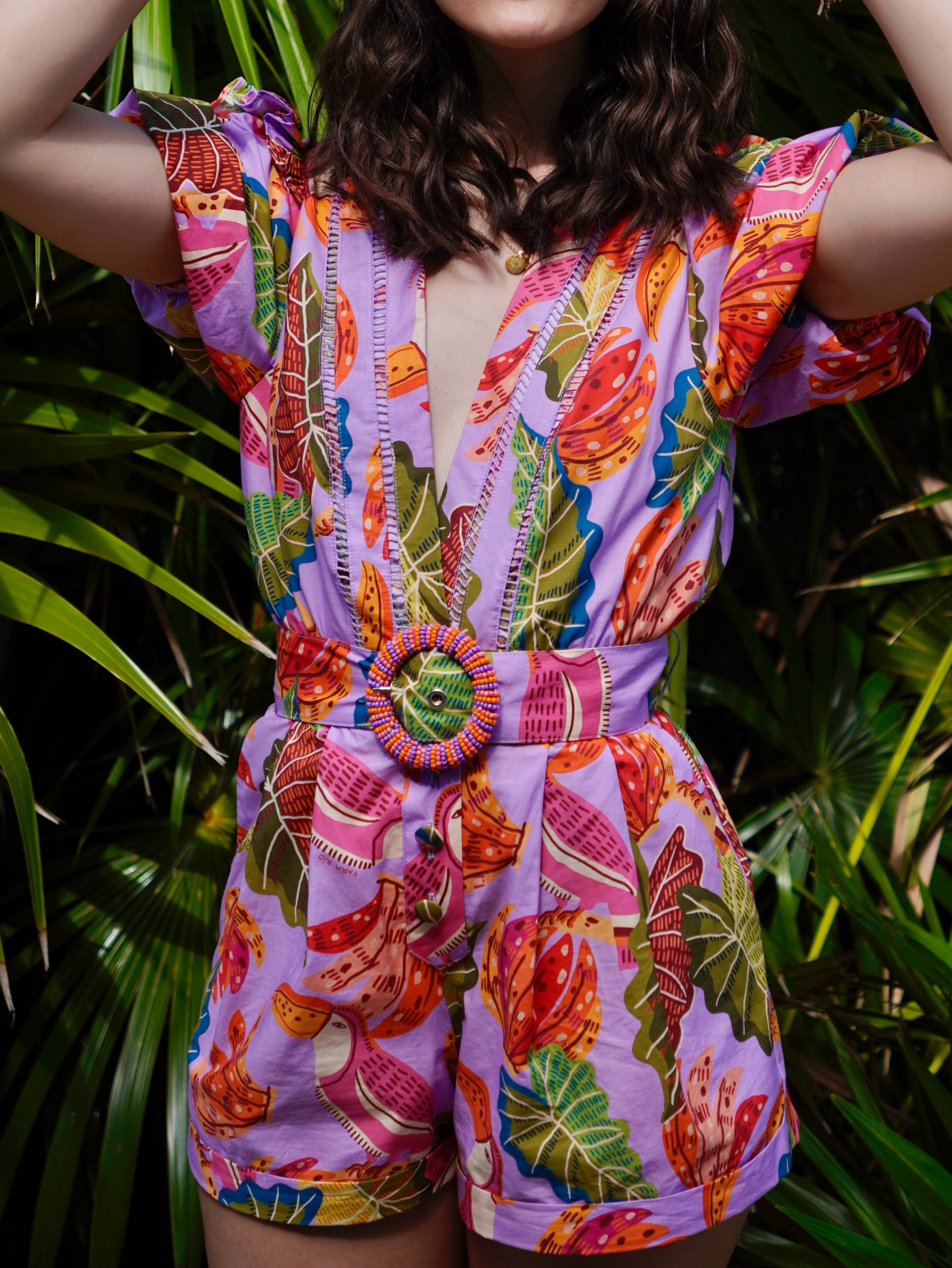 FARM RIO: Lilac Beaks and Banana Romper with Beaded Belt