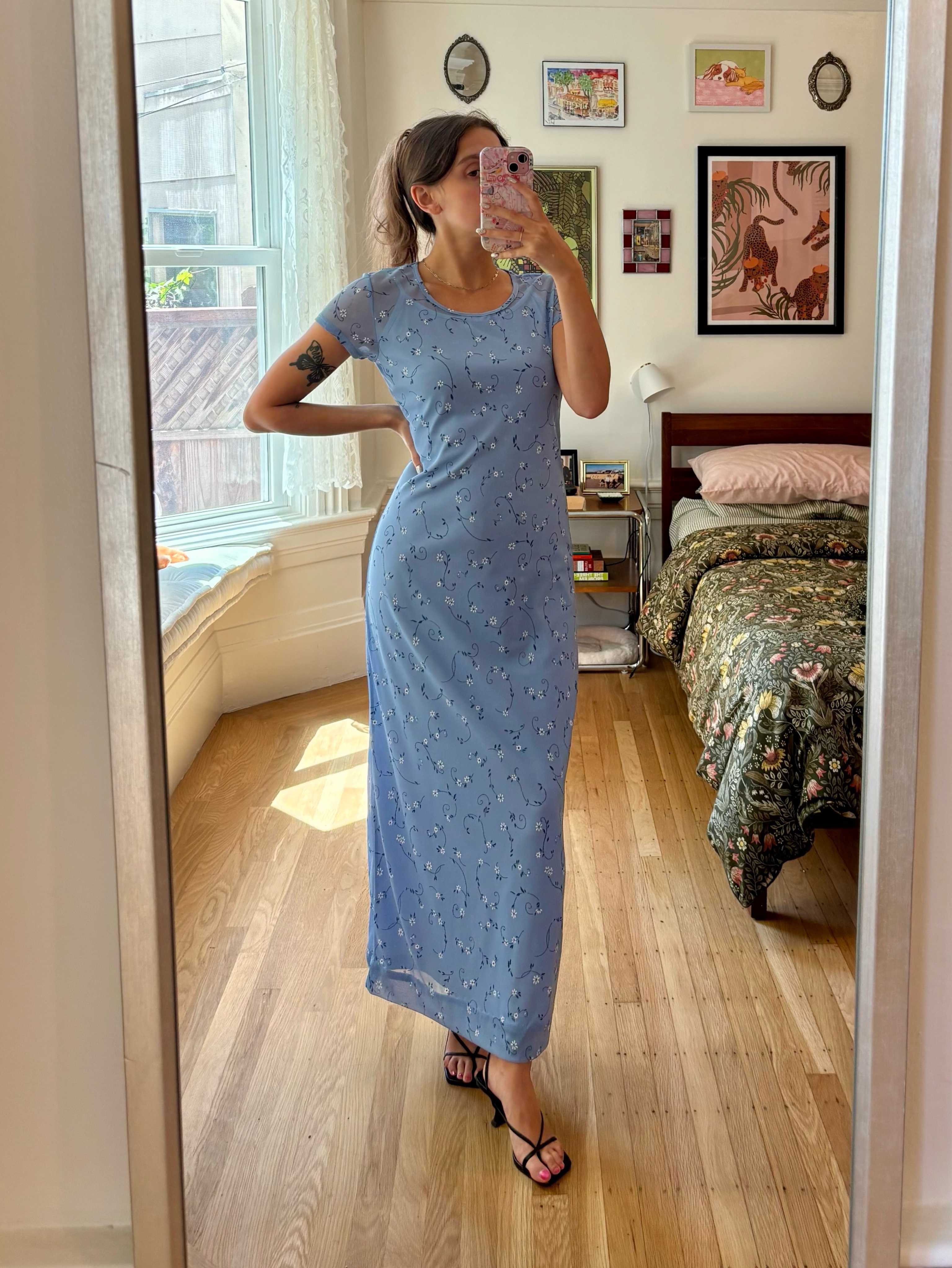 VINTAGE Floral Print Short Sleeve Maxi Dress