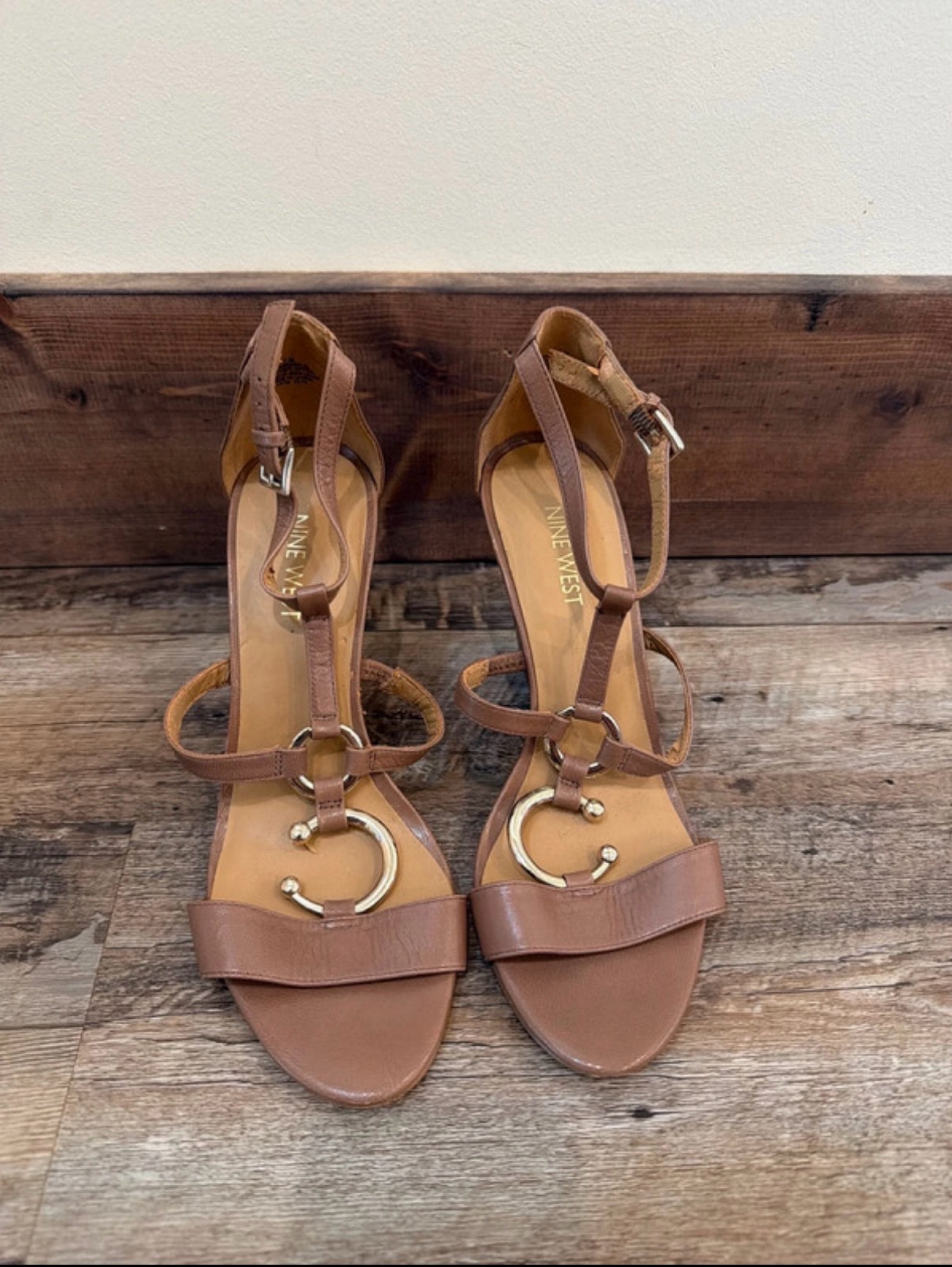 Tan Leather T-Strap Wedge Sandals