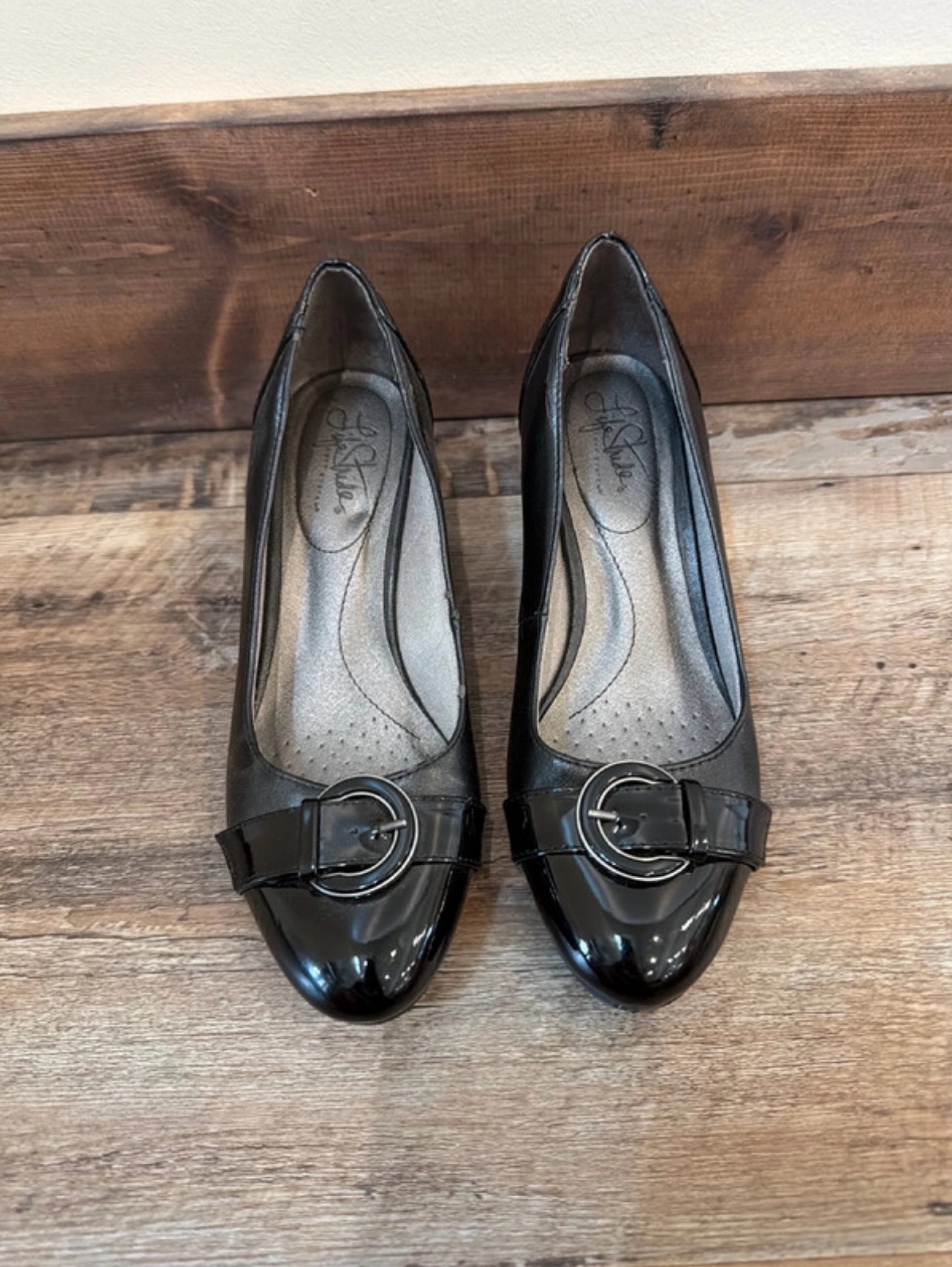 Black Patent Leather Buckle Loafer Heel