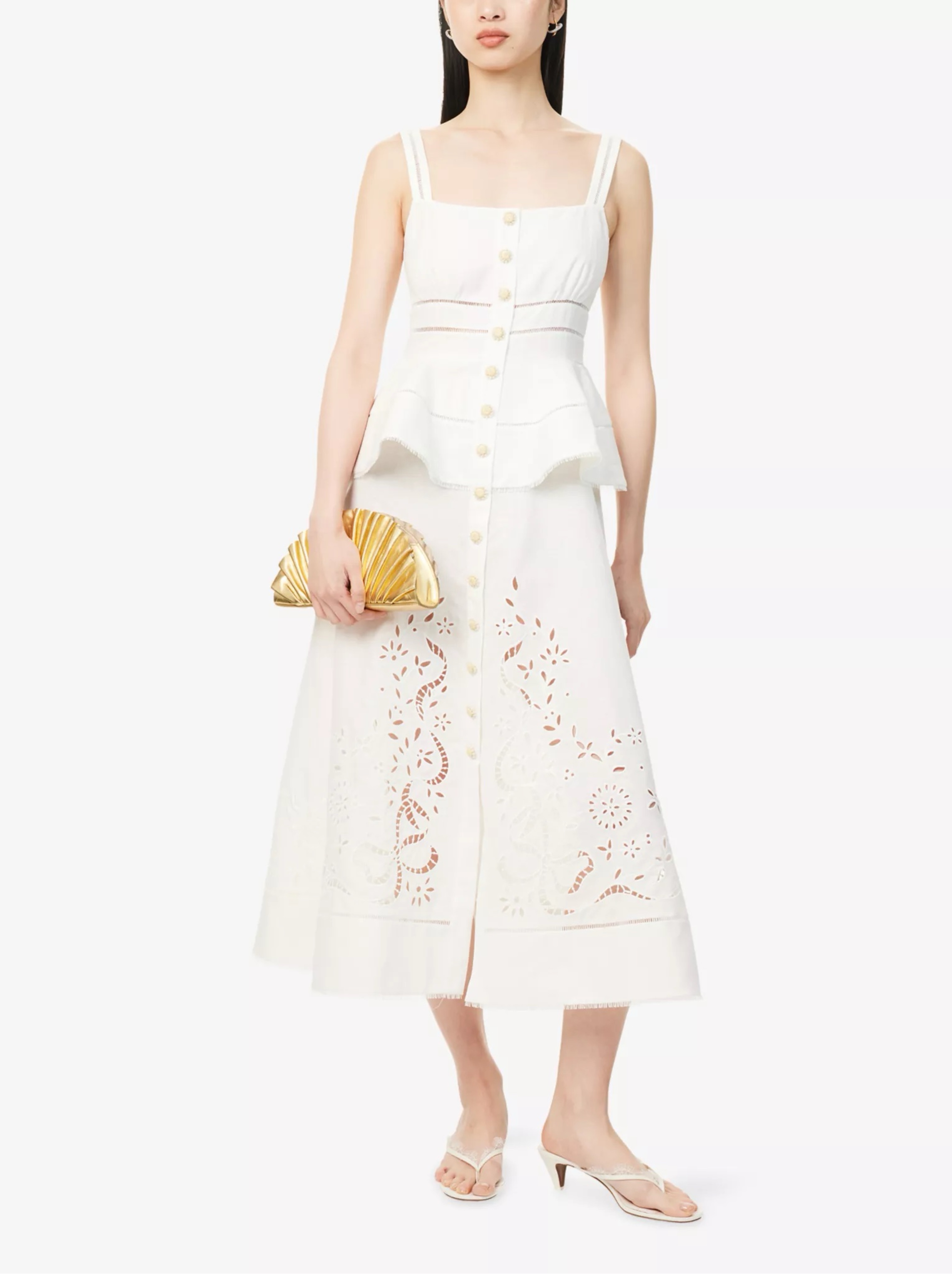 SELF-PORTRAIT Peplum Embroidered Linen And Cotton Midi Dress