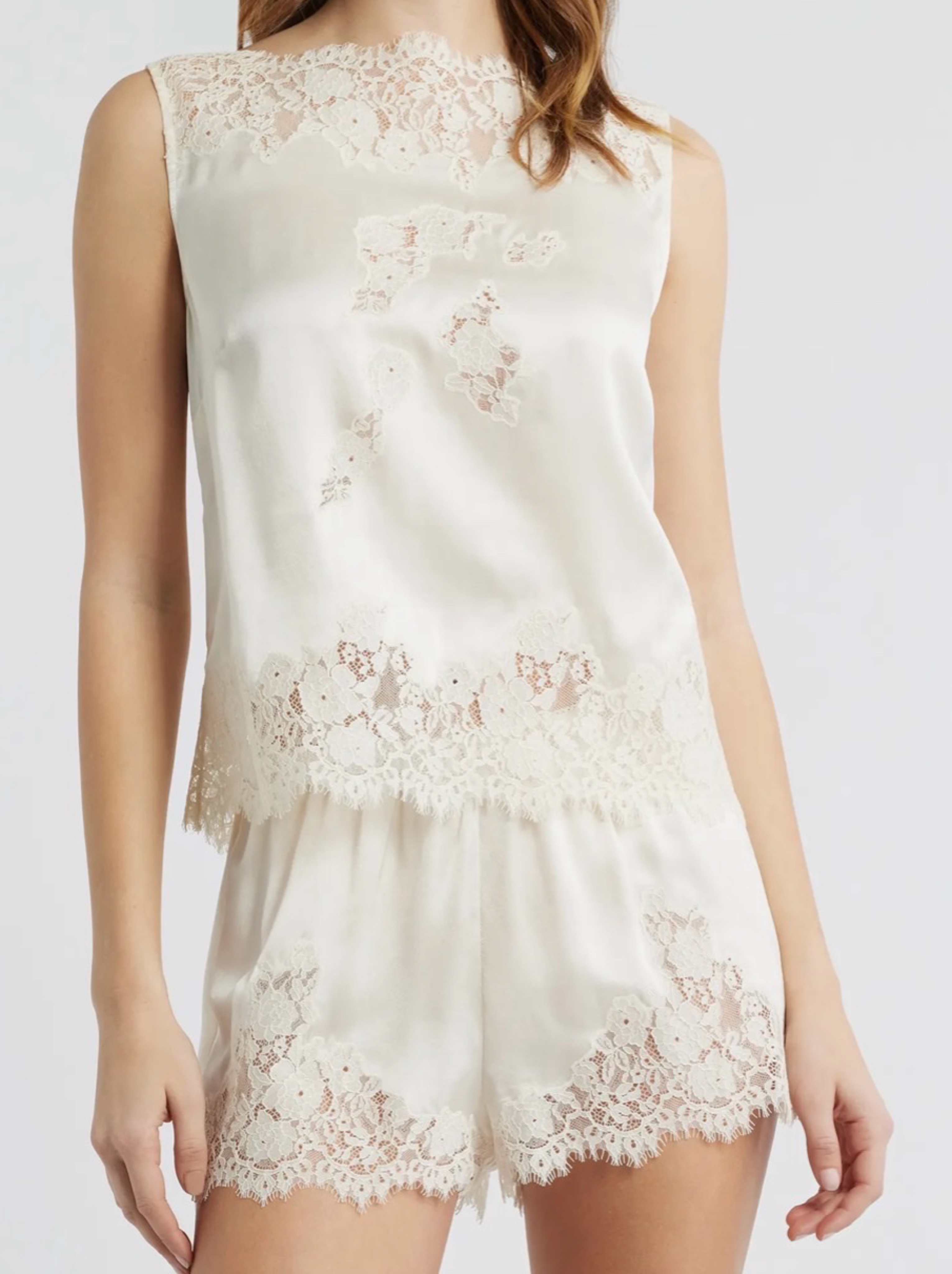 DÔEN Viviane Lace Trim Silk Satin Top & Iona Lace Trim Silk Satin Shorts