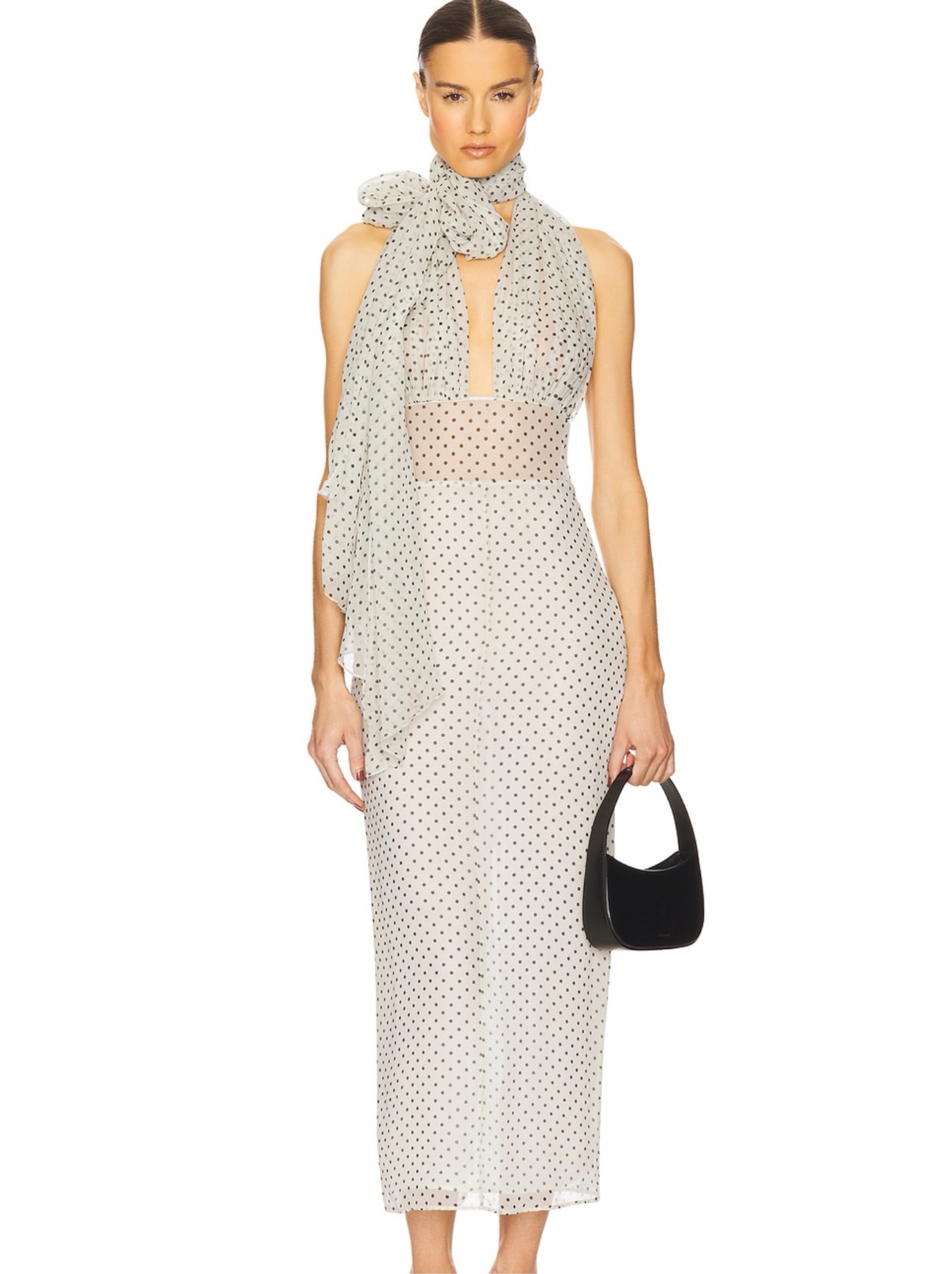 Helsa Scarf Dress in Printed Silk Chiffon Polka Dot Halter Midi Dress