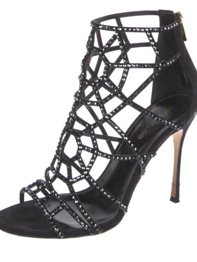 $1700 Sergio Rossi black suede crystal puzzle cage sandals heels 8