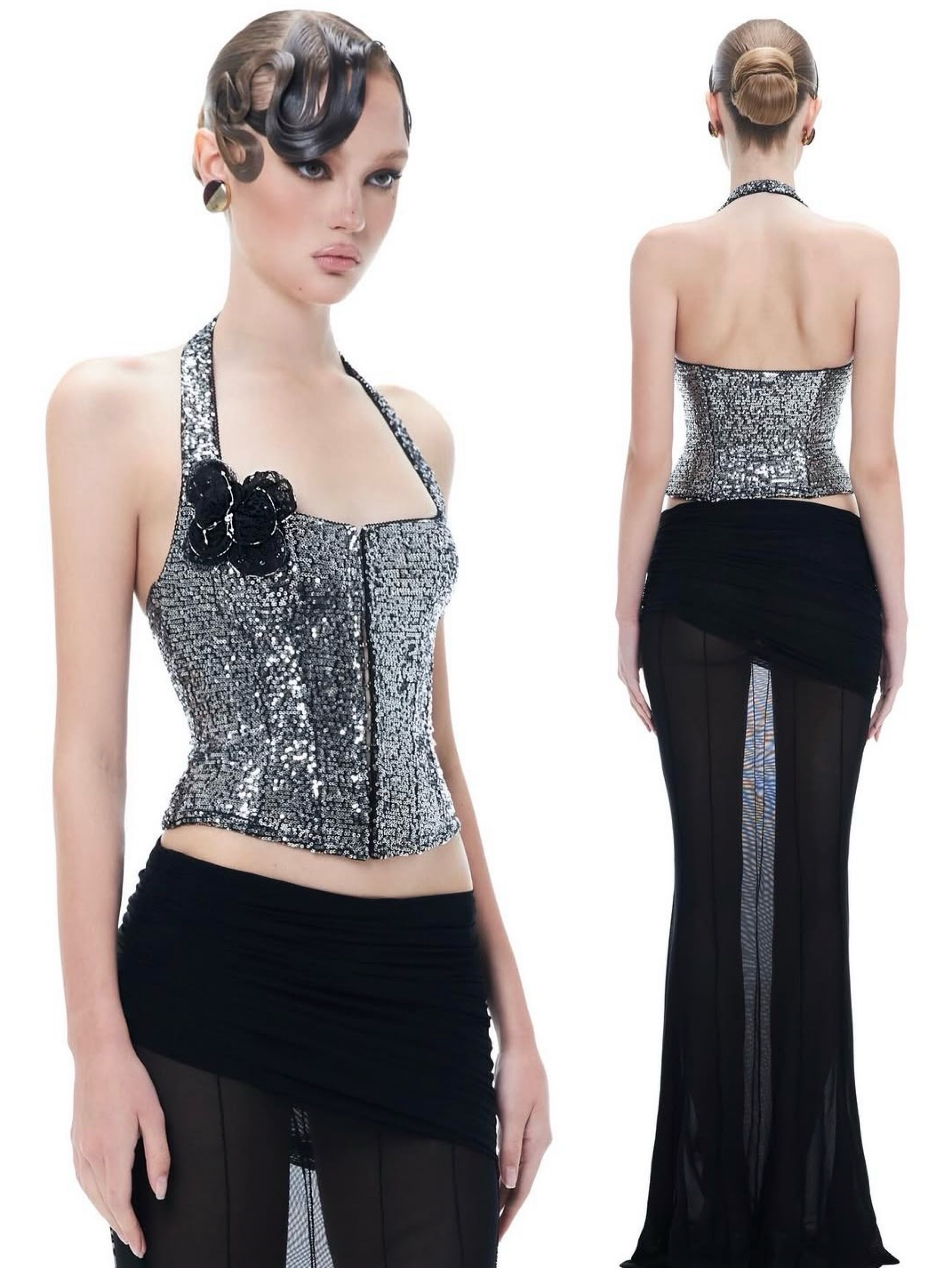 Silver Sequin Halter Corset Top