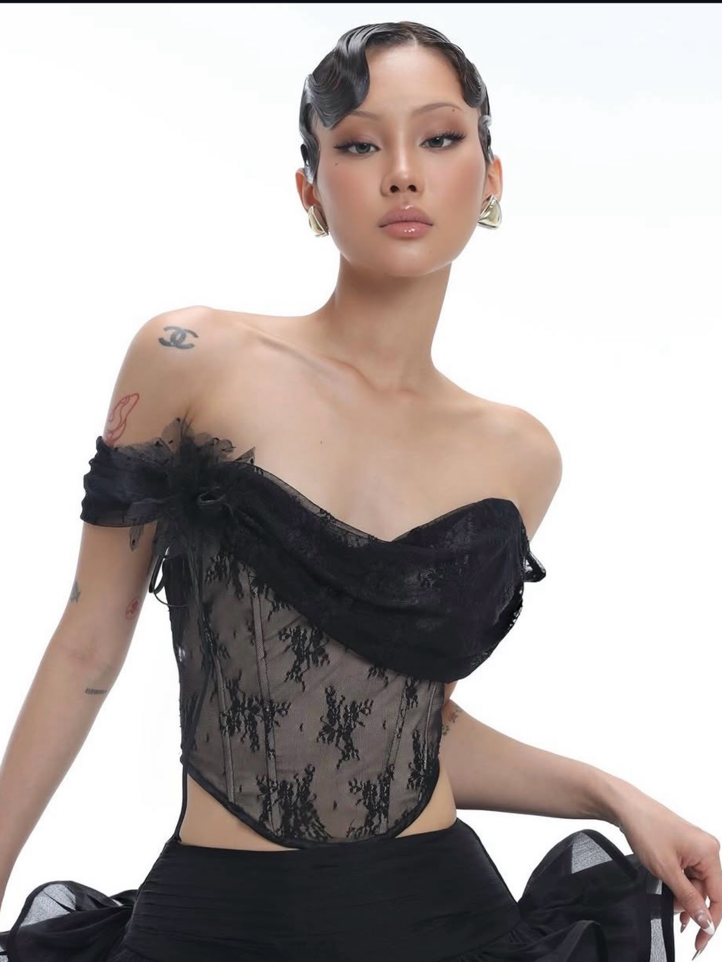 Black Lace Off-Shoulder Corset Top by Firefly Studio - Pickle