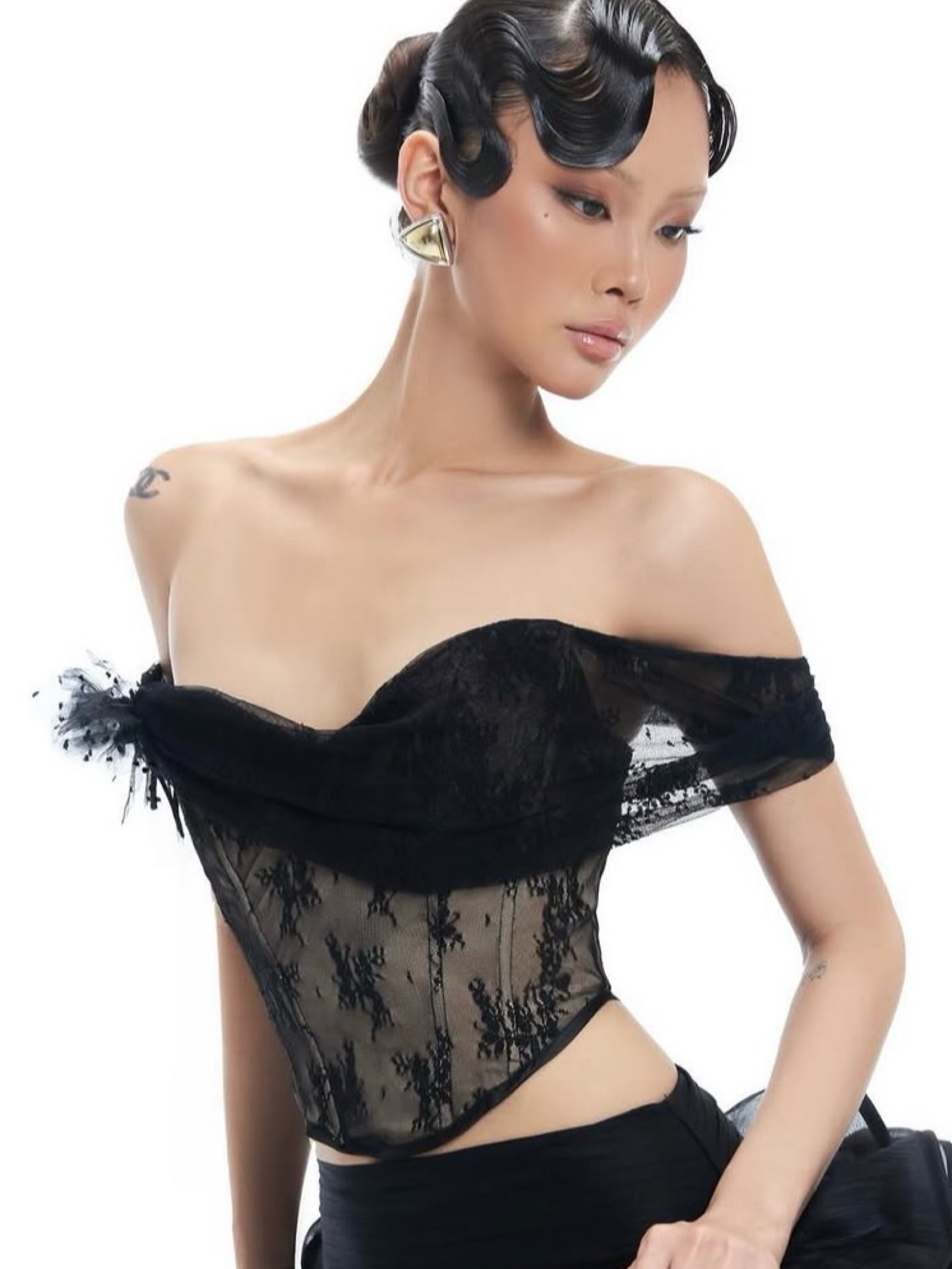 Black Lace Off-Shoulder Corset Top