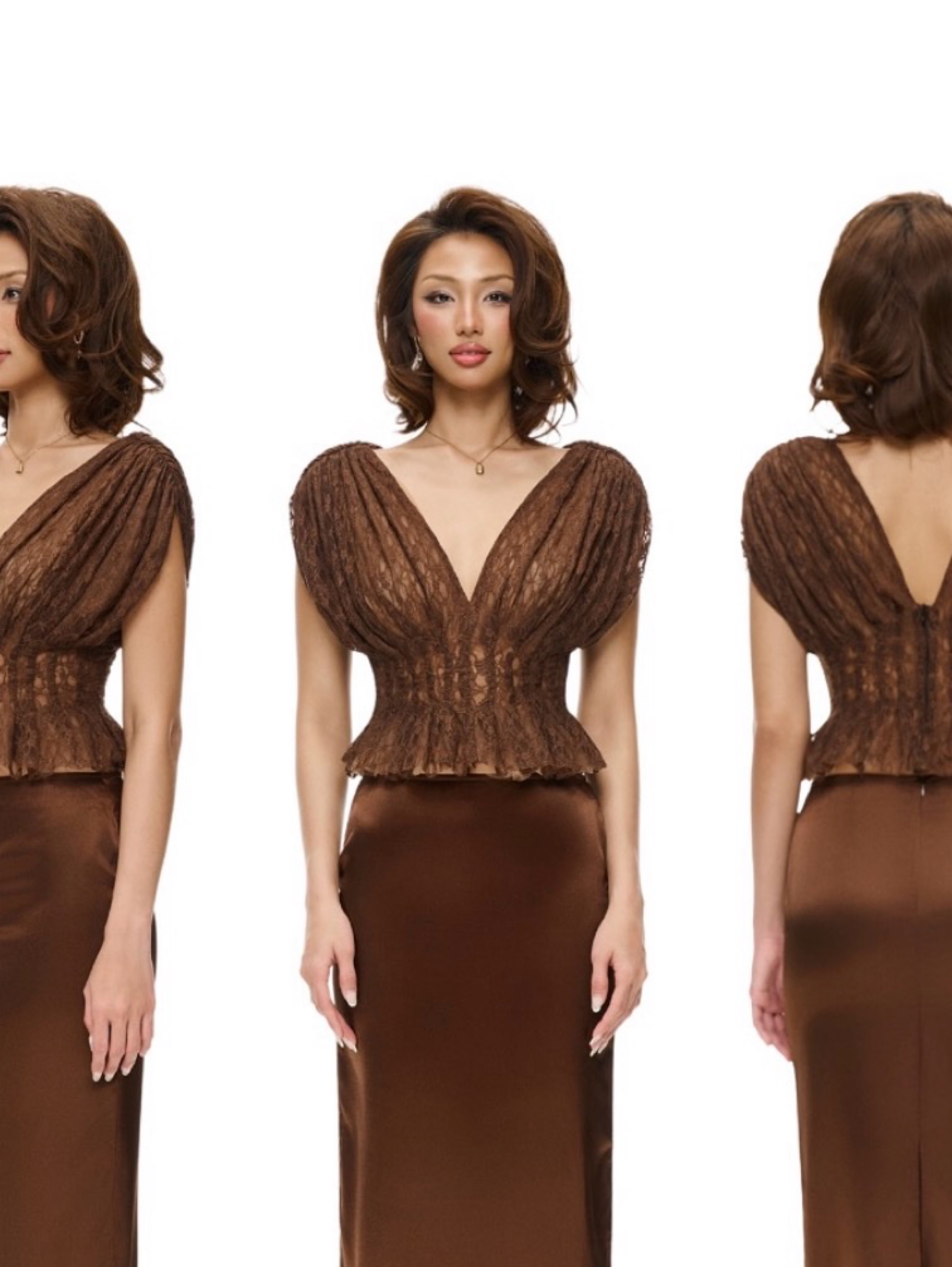 DAPHALE Brown Crinkle Textured Peplum Top