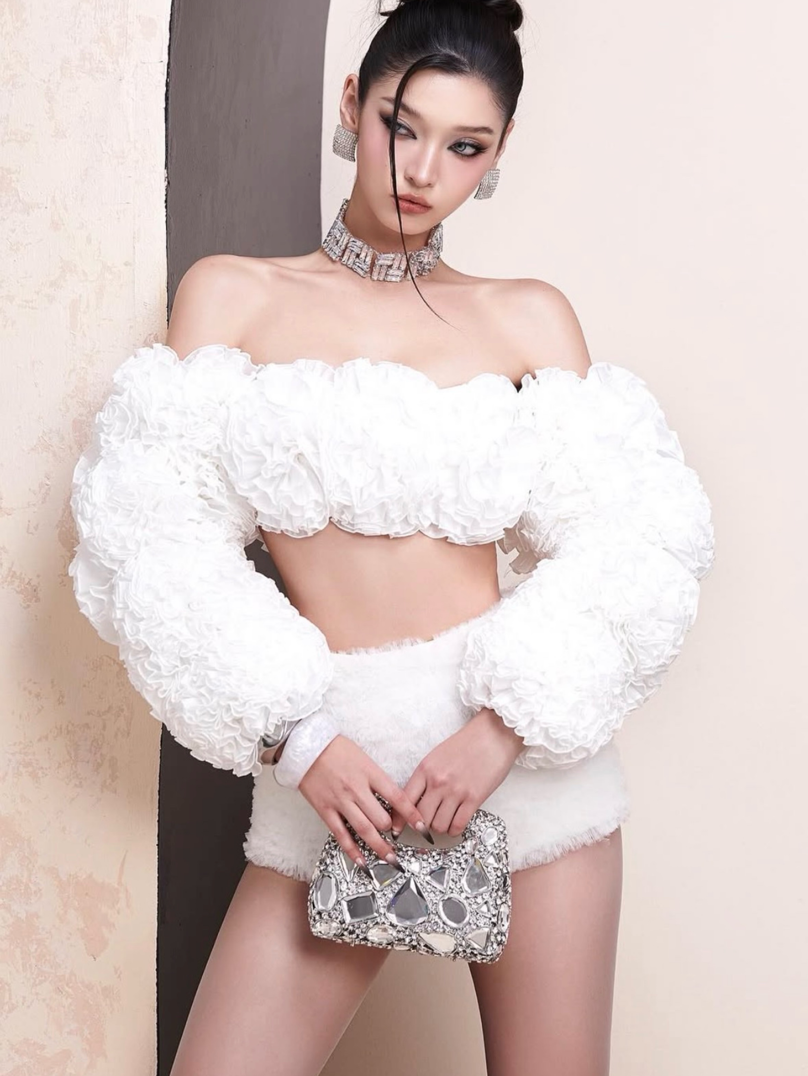 Mael Femme White Textured Off-Shoulder Tops