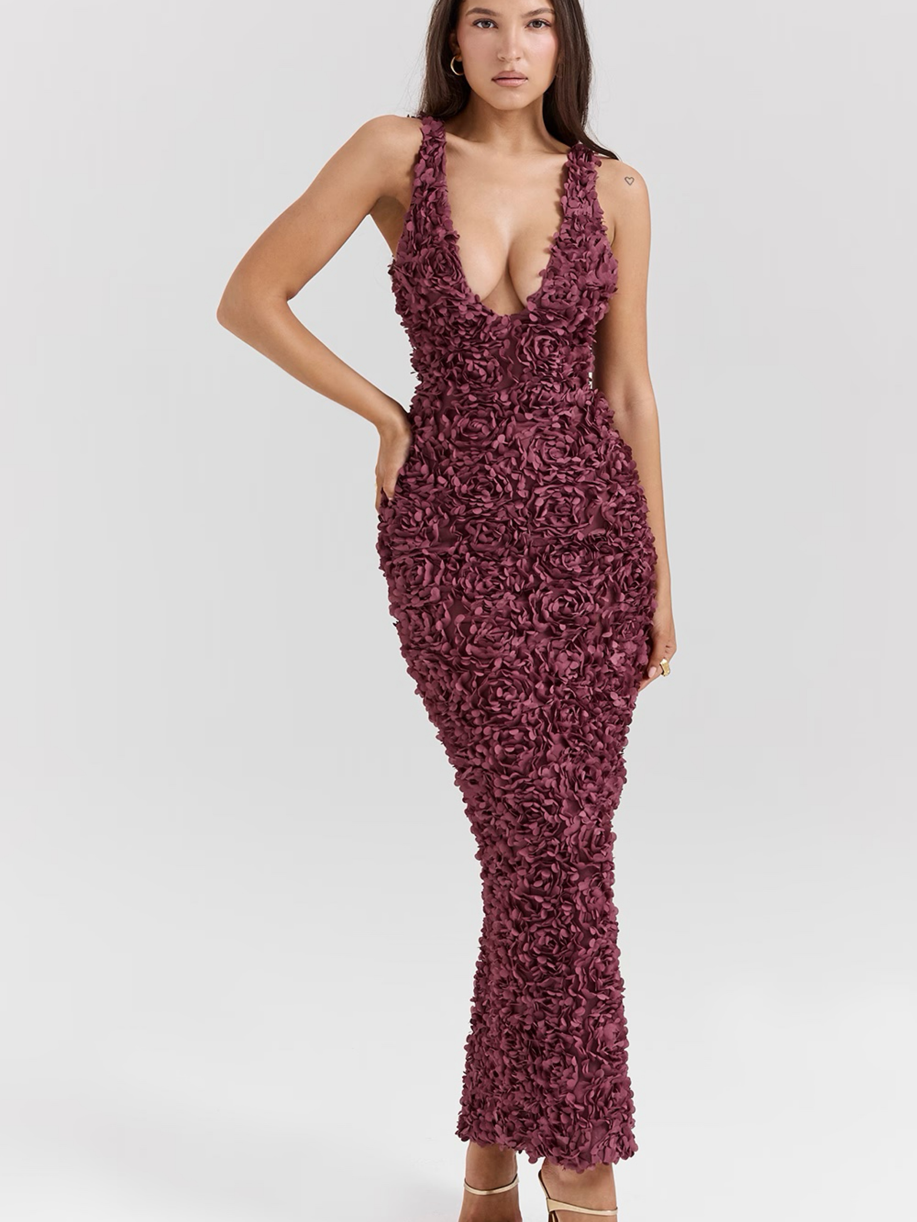 House of CB CARENA Merlot Plunge Floral Appliqué Maxi Dress