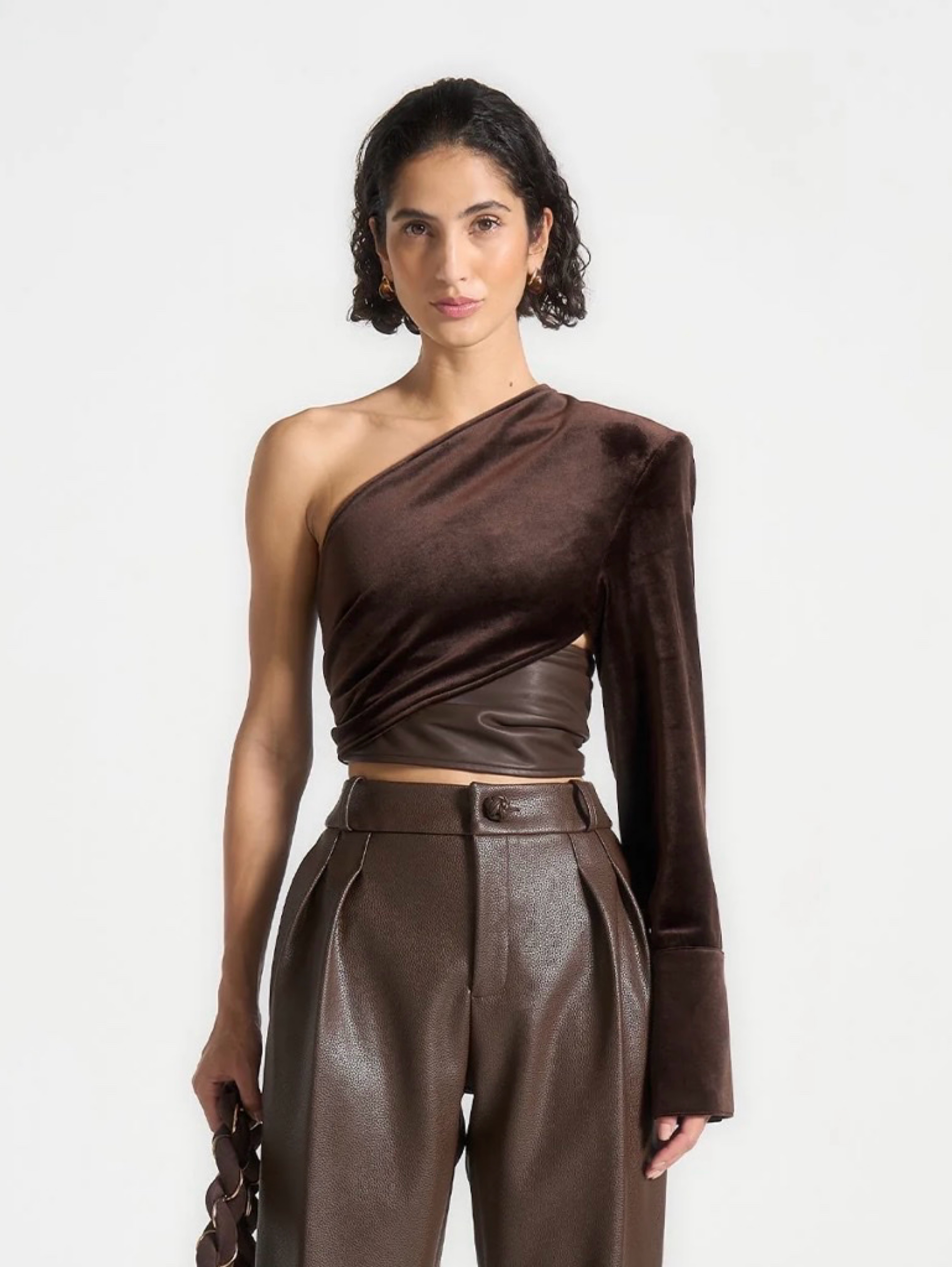Brown Leather One Sleeve Velour Wrap Top