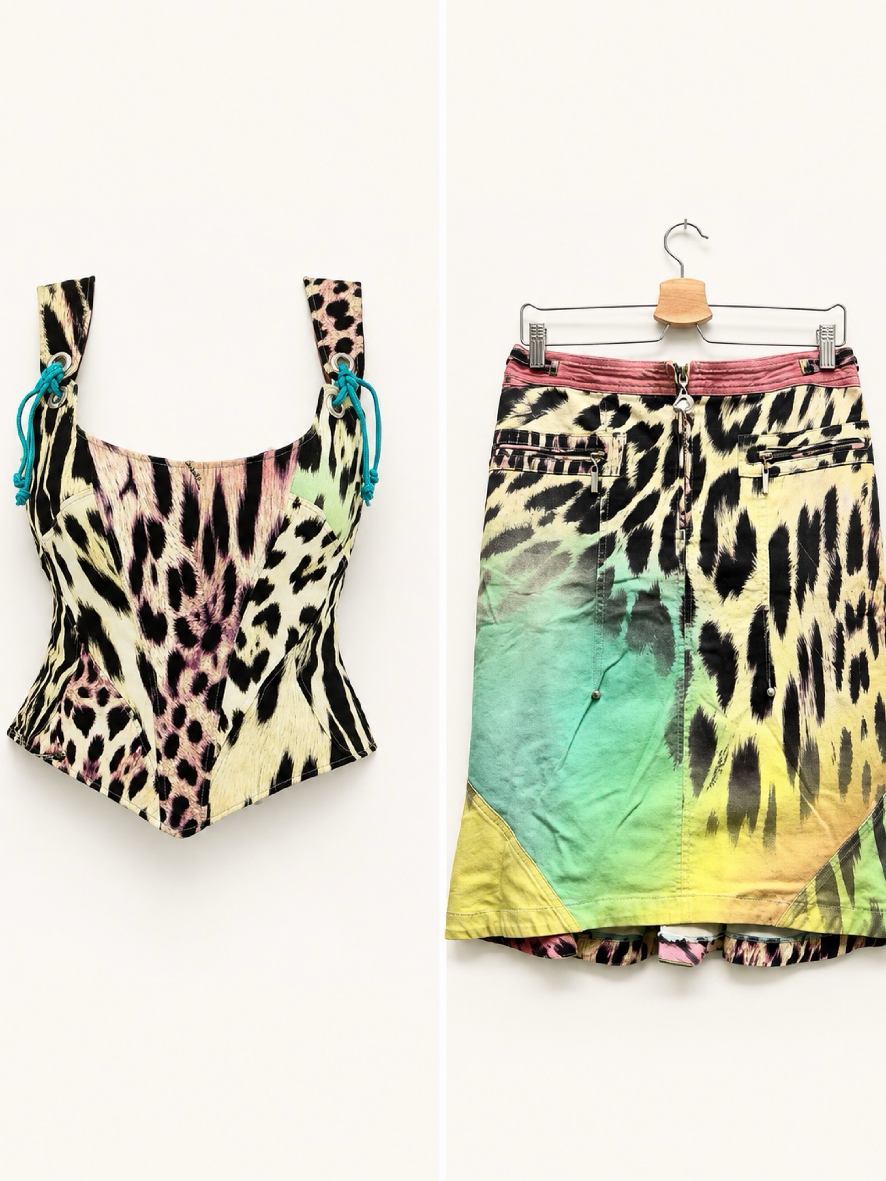 Vintage 2005 Just Cavalli by Roberto Cavalli Rainbow Leopard Corset & Skirt matching Set