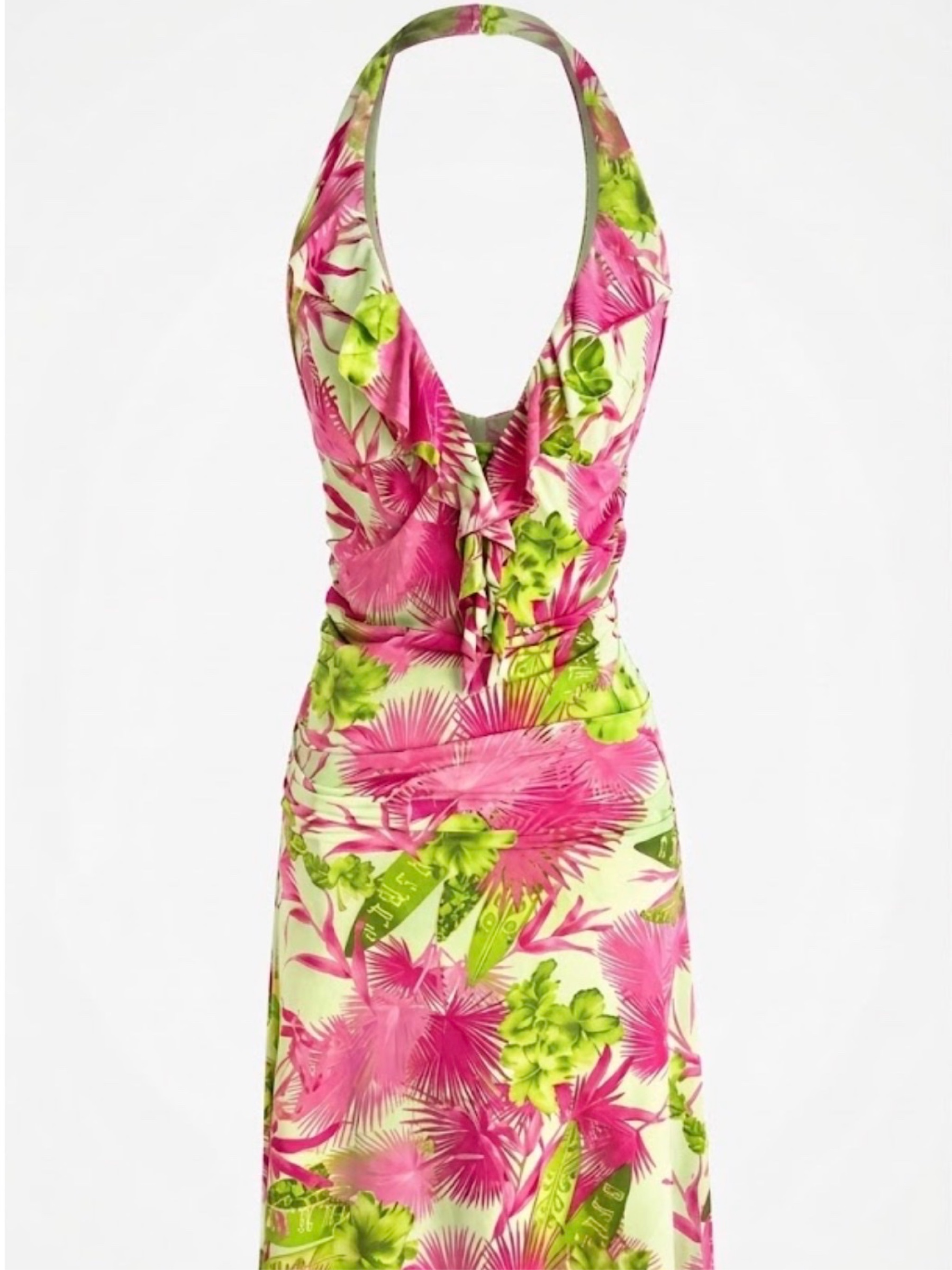 Vintage Versace SS2004 Runway Tropical Floral Halter Midi Dress by