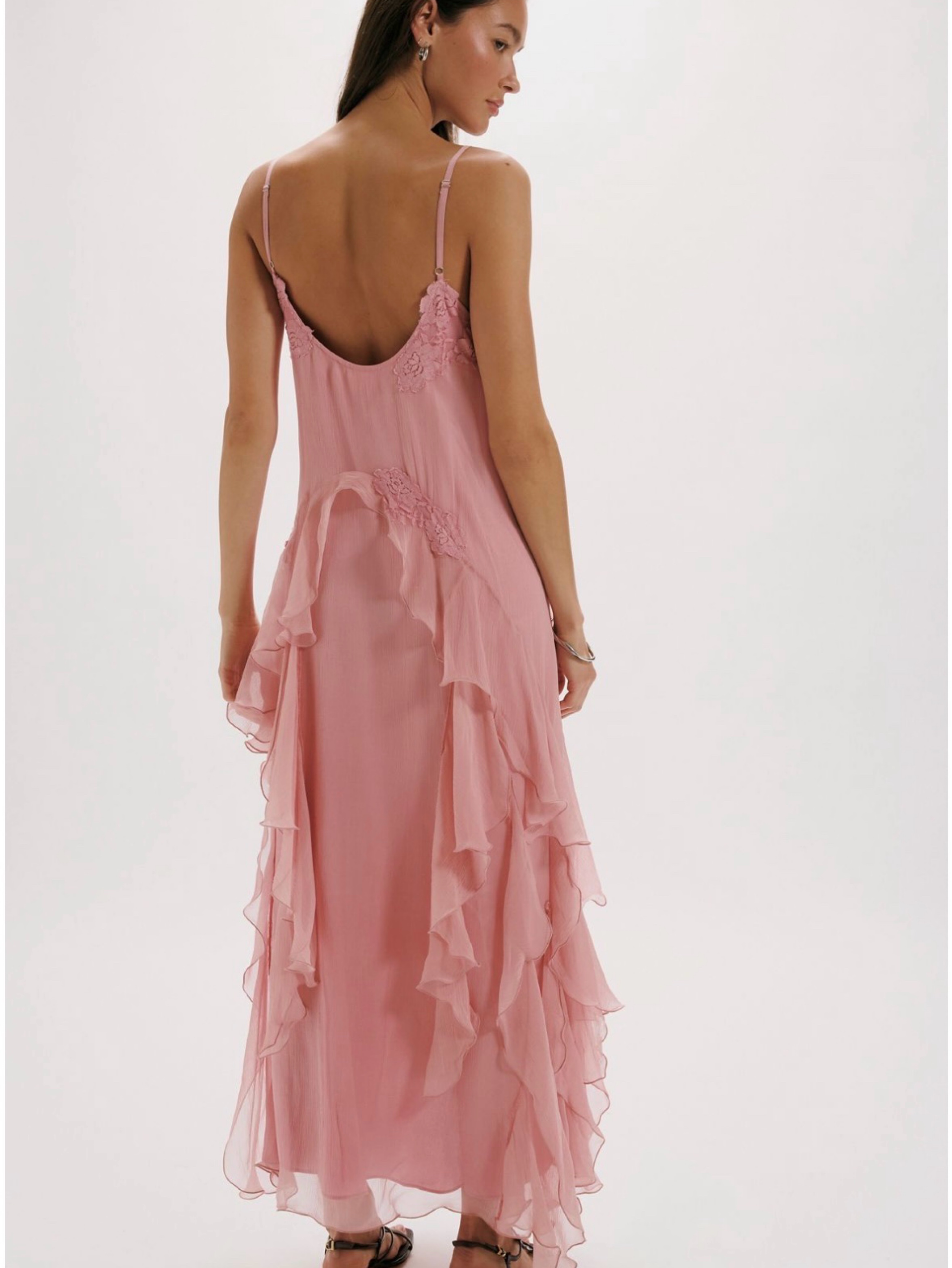 free people pink ruffle dress Free People Ruched Ruffle Midi Dress In Pink