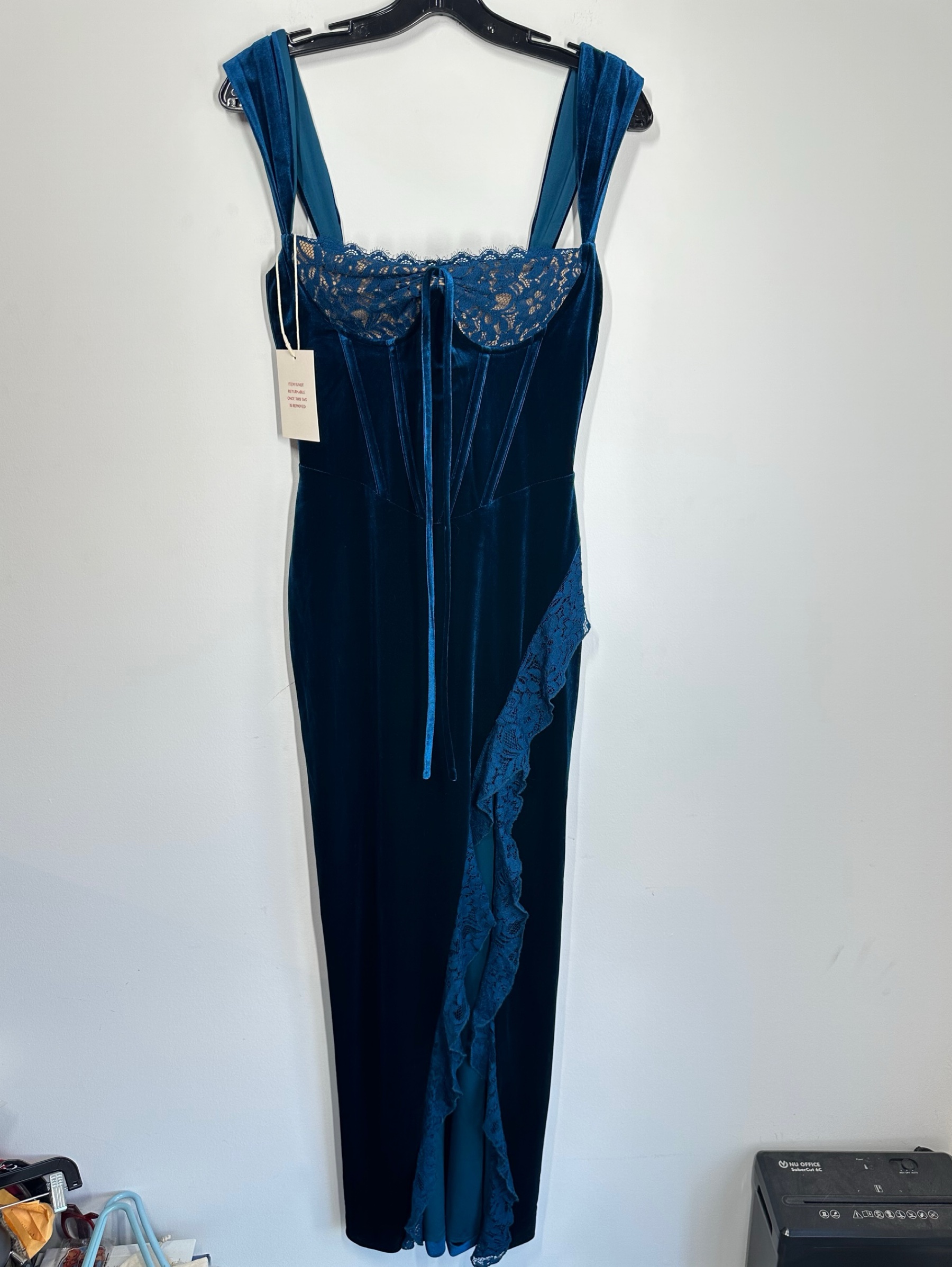blue velvet and lace dress Miss Circle Odilia Teal Corset Maxi Formal Evening Women's Medium by Miss Circle Size Alpha:Medium deep blue hue winter_blues Ray Sequin Tie-Back Formal