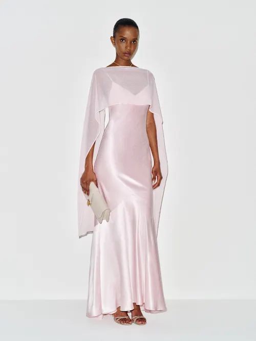 Reformation Blush Pink Satin Draped Evening Gown with Cape 100% Silk