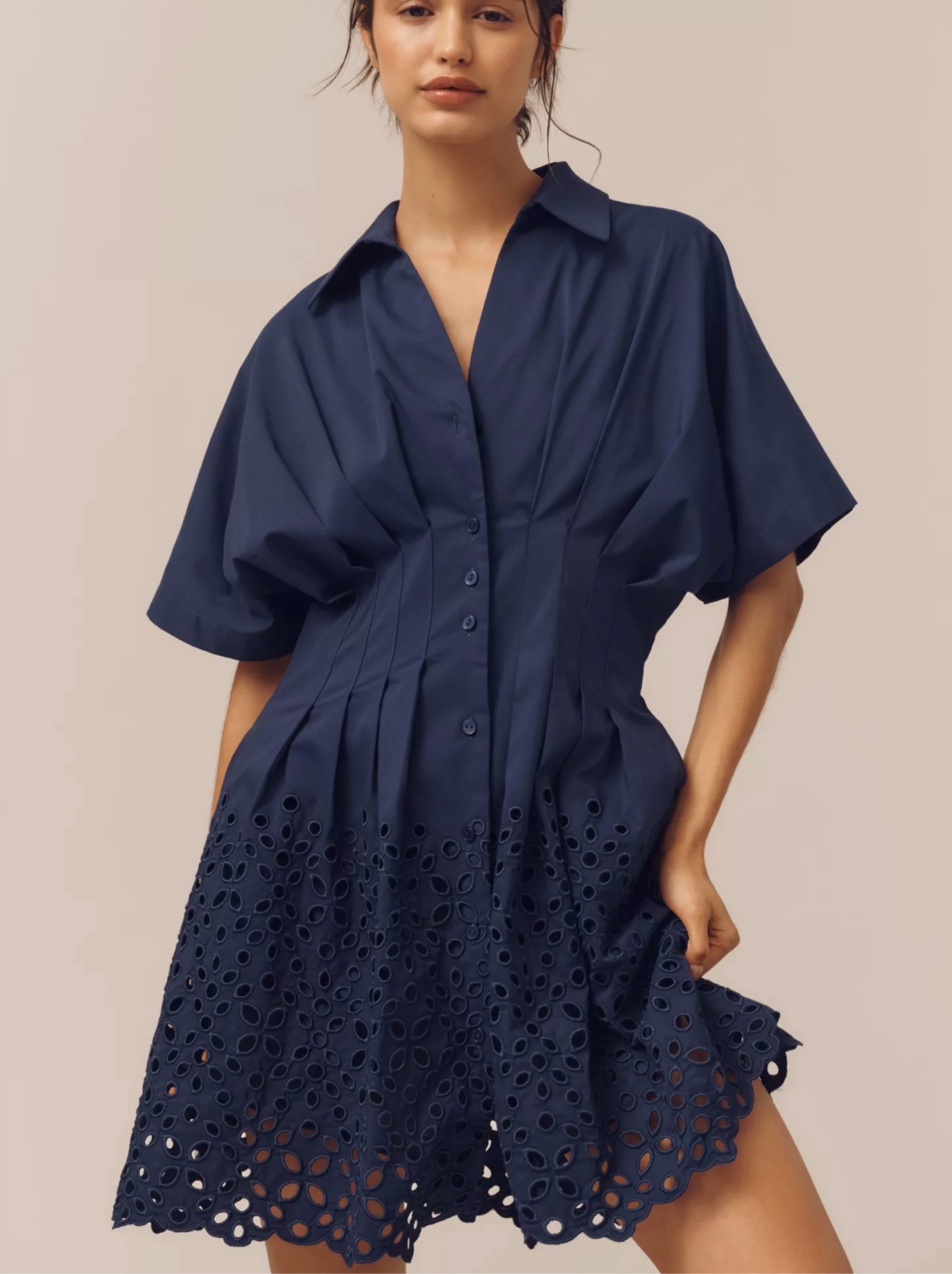 Exquise Navy Eyelet Shirt Button Up Dress