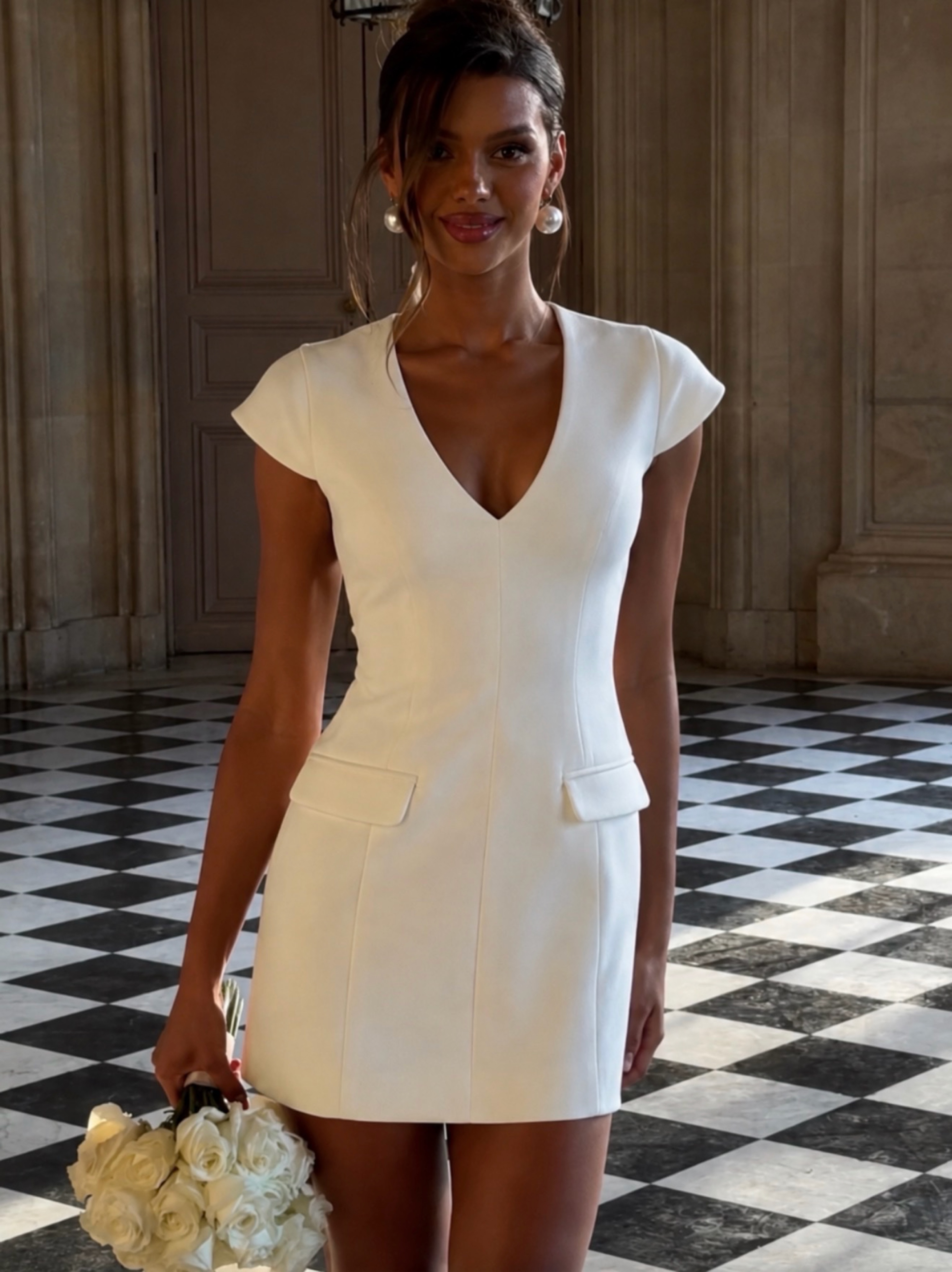 Meshki White V-Neck Cap Sleeve Blazer Mini Dress